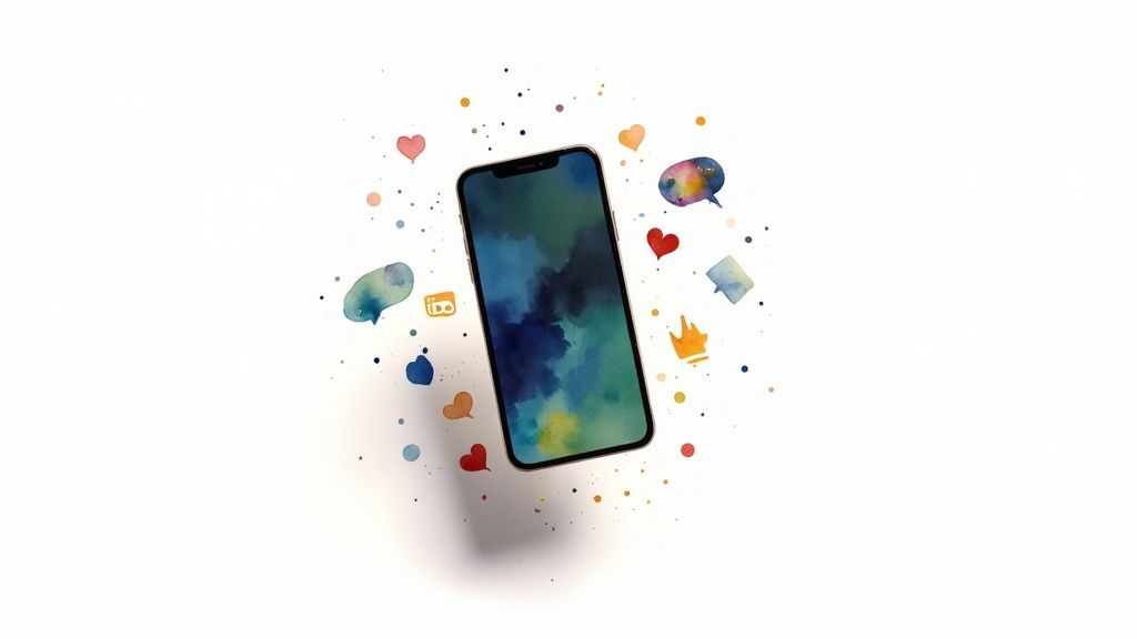 Uśmiechnięta osoba korzystająca z laptopa i smartfona w kawiarni, co symbolizuje interakcję w mediach społecznościowych