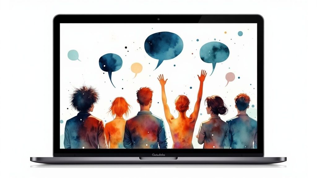 Kobieta z uśmiechem prowadzi webinar, angażując publiczność gestami i kontaktem wzrokowym z kamerą