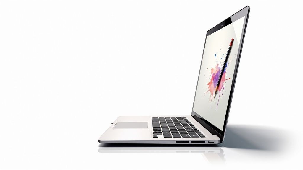 Osoba pisząca na laptopie, otoczona notatkami i kawą, symbolizująca proces tworzenia treści