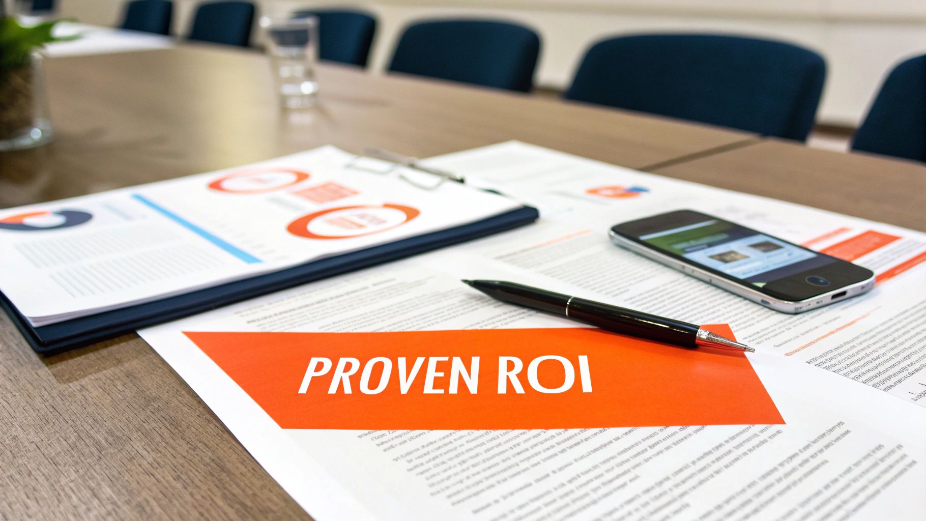 Documents with charts, a smartphone, and a pen on a meeting table, one displaying 'PROVEN ROI'.