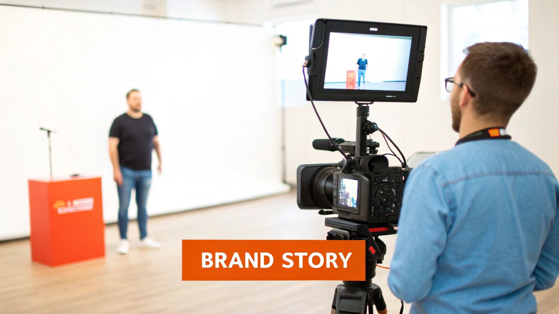 A videographer films a man speaking in a studio, visible on a camera monitor, with a “BRAND STORY” text overlay.