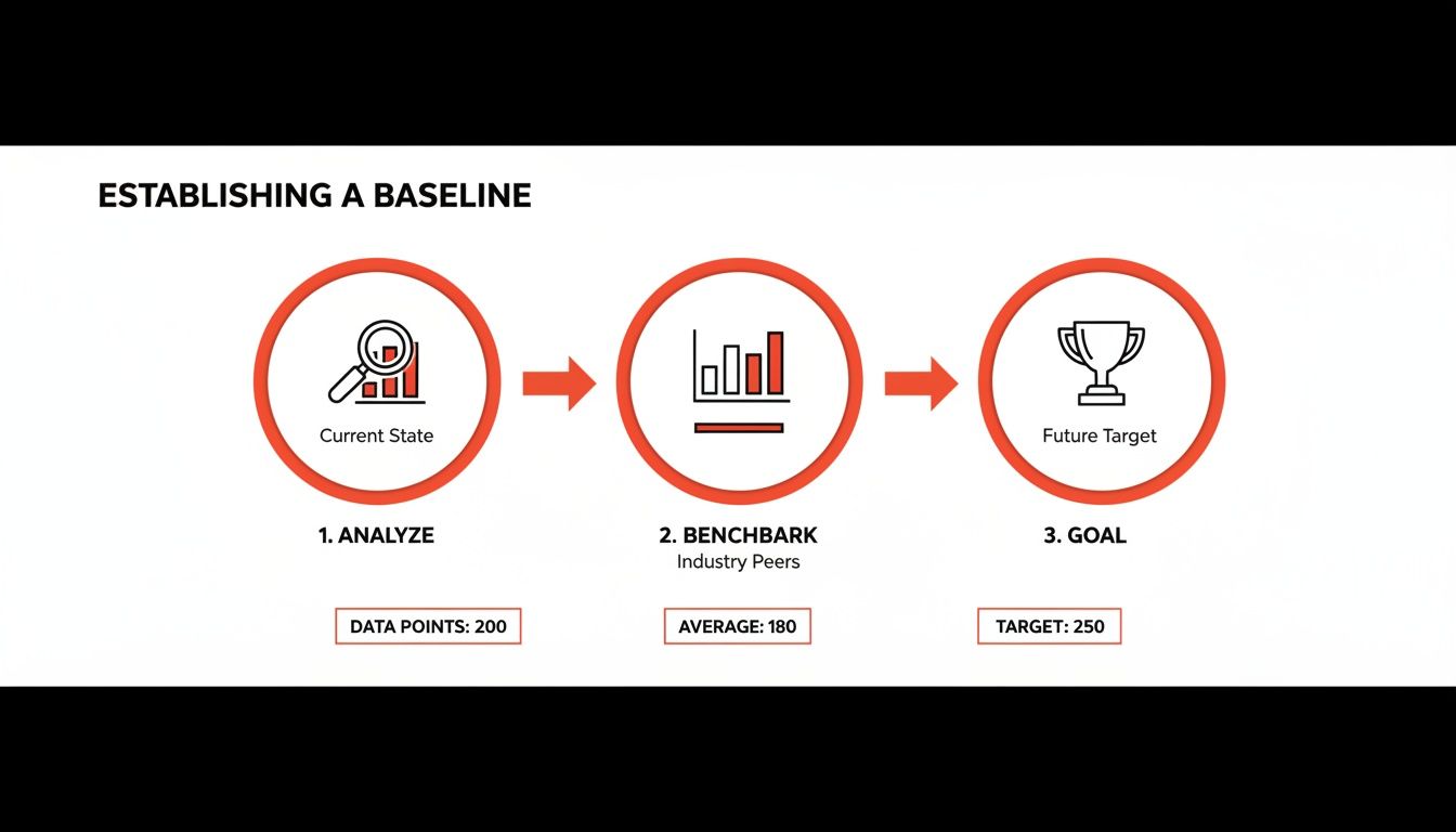 A three-step process for establishing a baseline: analyze current state, benchmark, and set future targets.