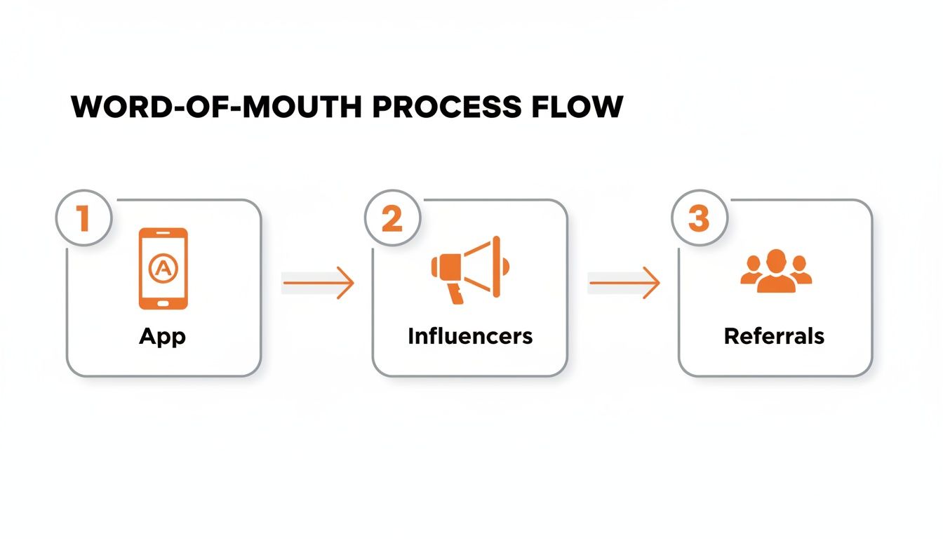 A flow chart illustrating the word-of-mouth process, showing App, Influencers, and Referrals.