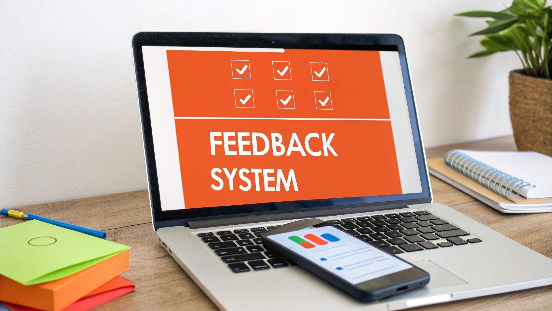 A laptop displaying 'FEEDBACK SYSTEM' and checkboxes, with a smartphone on its keyboard.