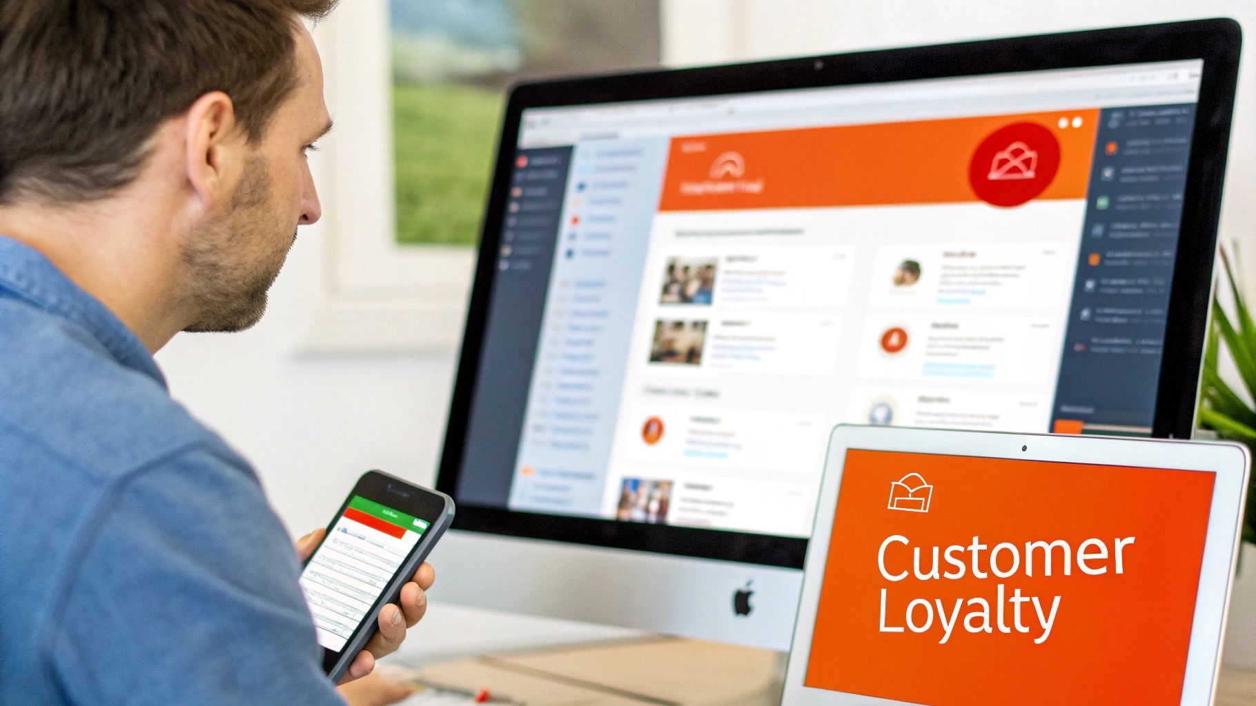 A man works on a desktop computer, holding a smartphone, with a laptop showing 'Customer Loyalty'.