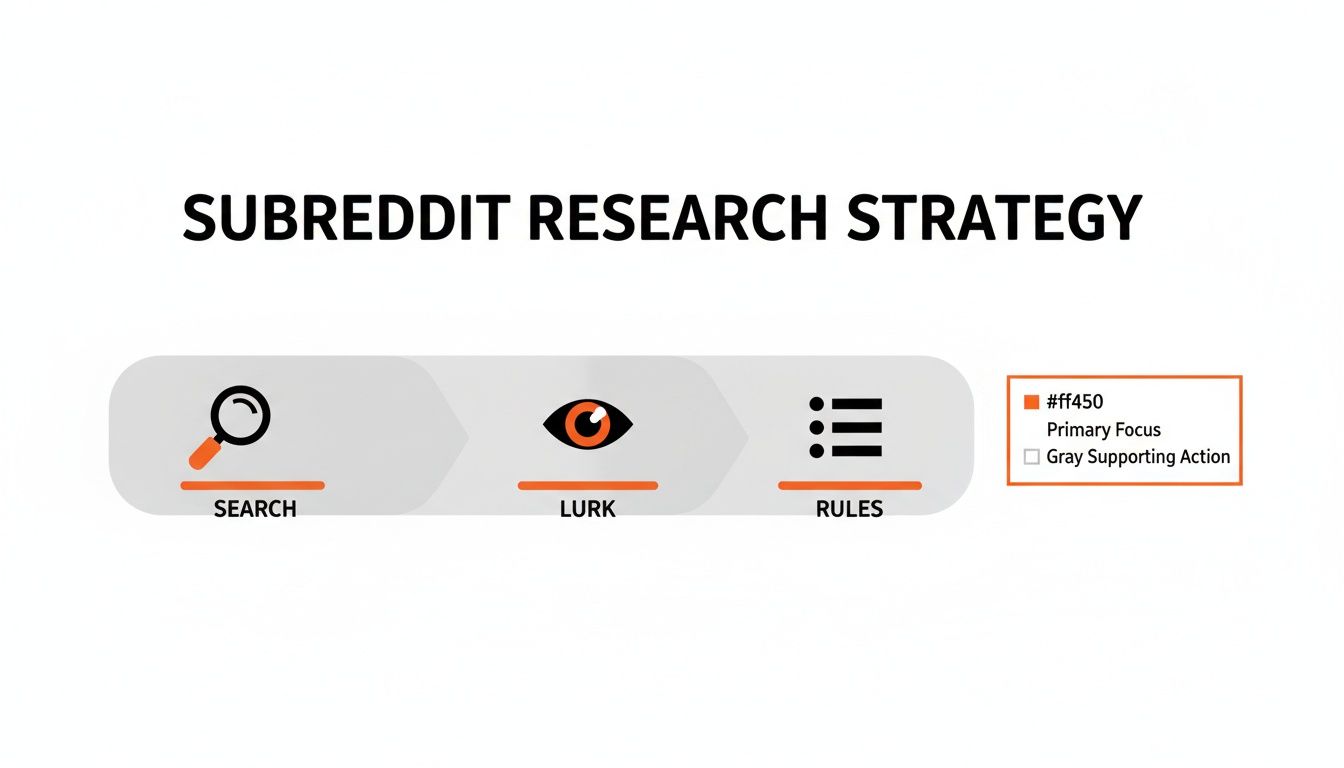 Diagram showing a three-step Subreddit Research Strategy: Search, Lurk, and Rules, with a color legend.