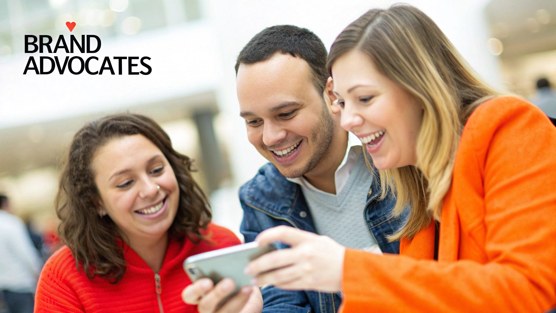 Three smiling young adults are happily looking at a smartphone together, sharing a joyful moment.