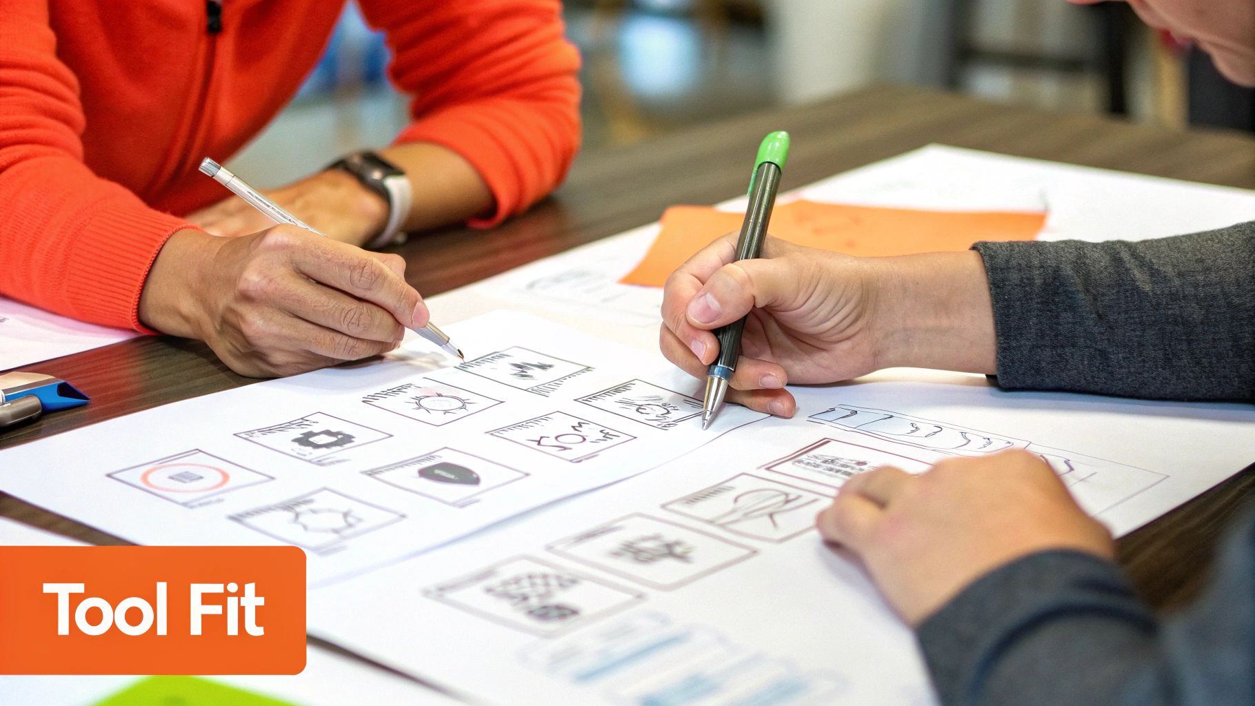 Two people's hands sketching designs and icons on paper, collaborating during a design session.