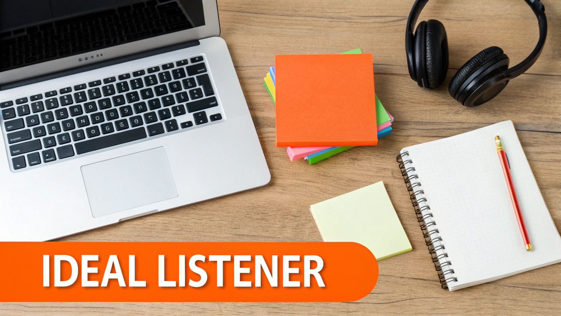 A flat lay of a desk with a laptop, headphones, sticky notes, and a notepad, with text 'IDEAL LISTENER'.