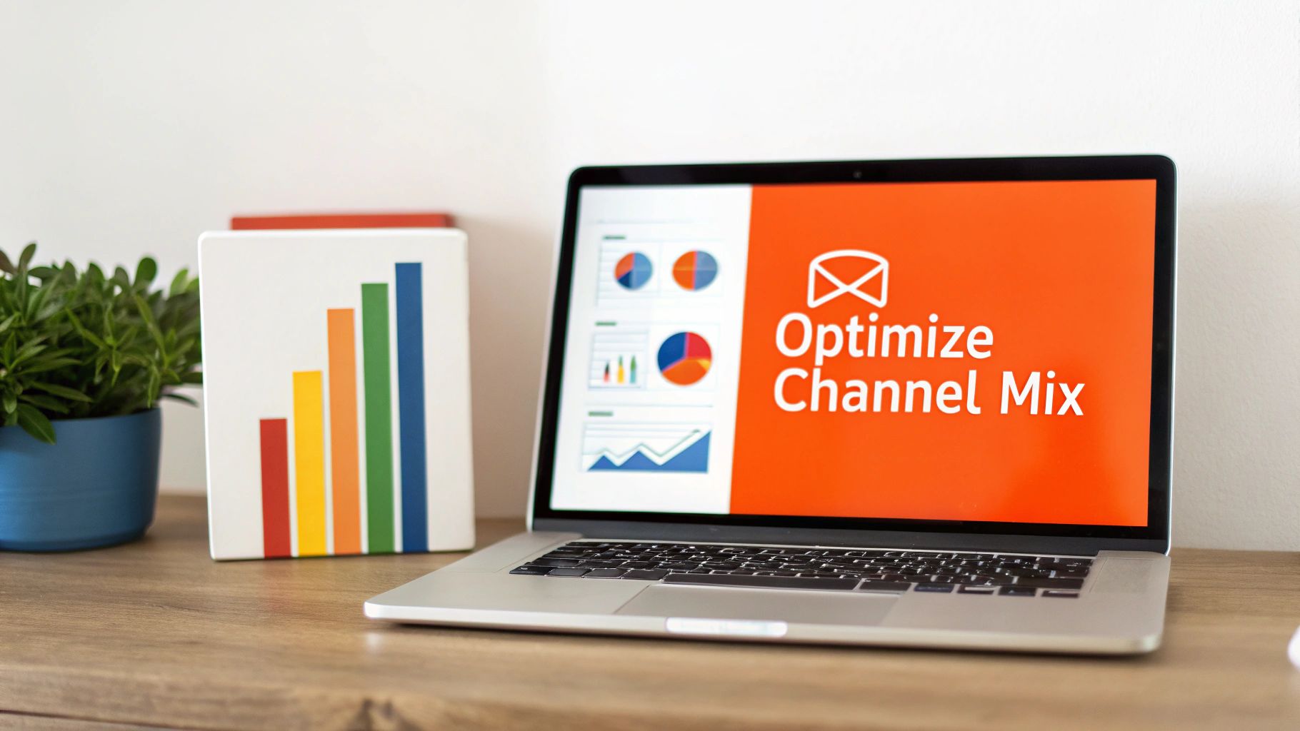 Laptop displaying 'Optimize Channel Mix' with marketing charts, next to a colorful bar graph and a green plant.