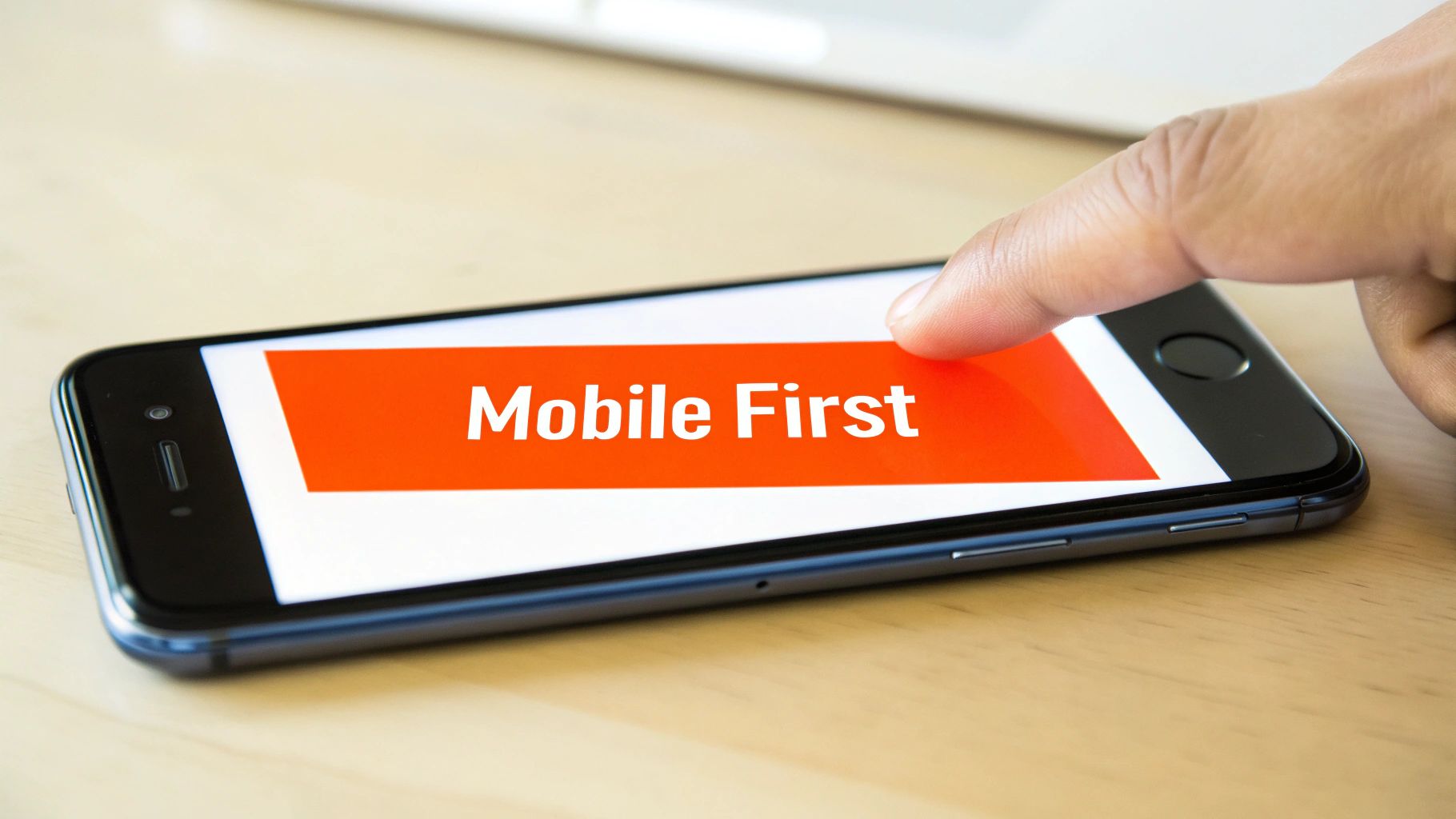 A hand taps a smartphone screen displaying "Mobile First" on a bright orange banner.