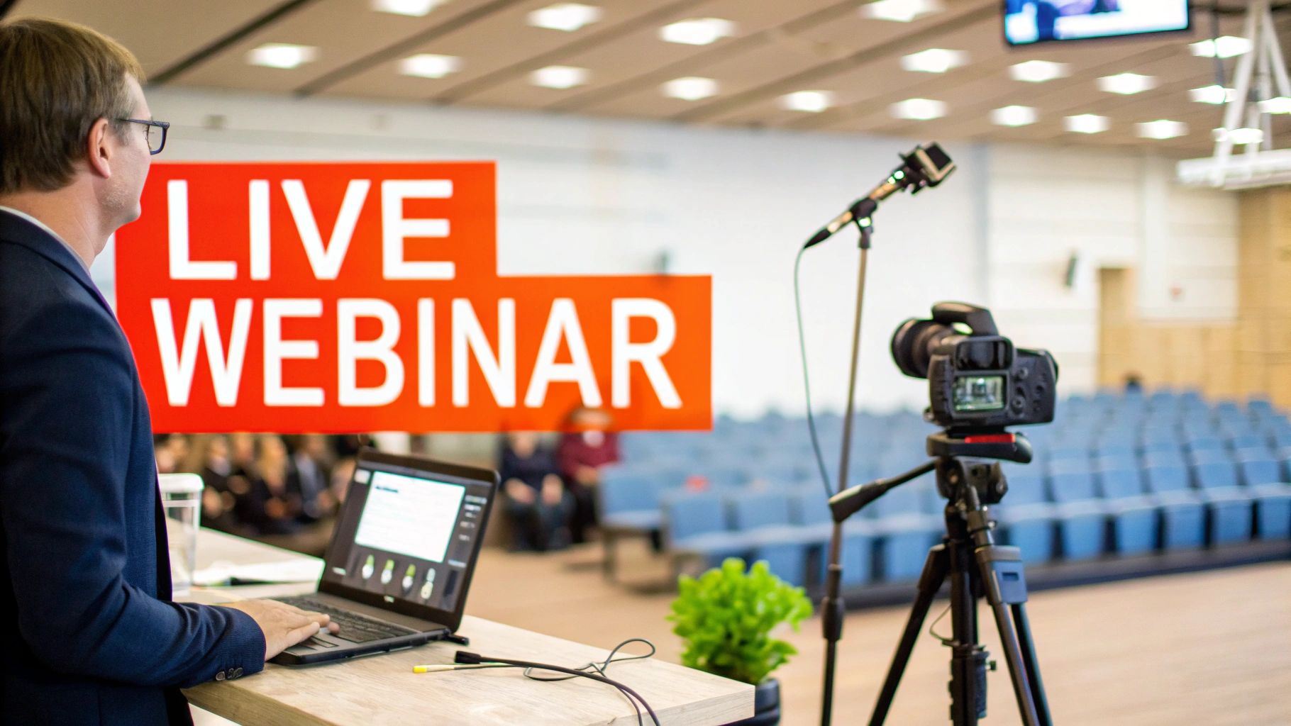 Speaker in a suit prepares for a live webinar with a laptop, camera, and microphone in an event hall.