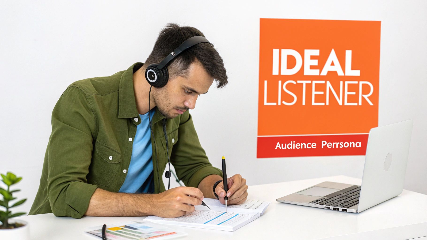 A man wearing headphones studies notes at a desk with a laptop, focused on 'Ideal Listener' research.