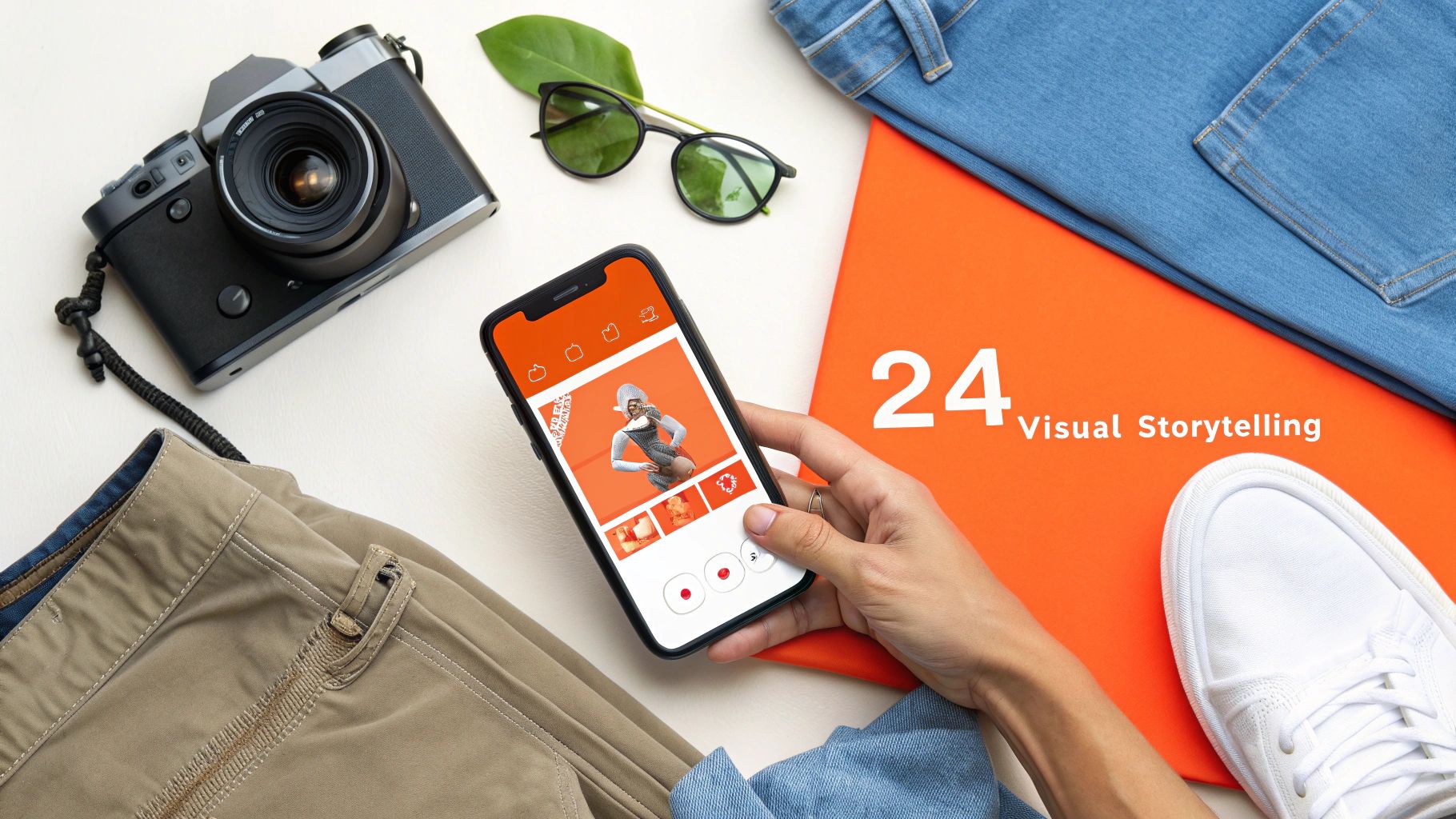 An individual thoughtfully planning content on a laptop, surrounded by fashion magazines and swatches.