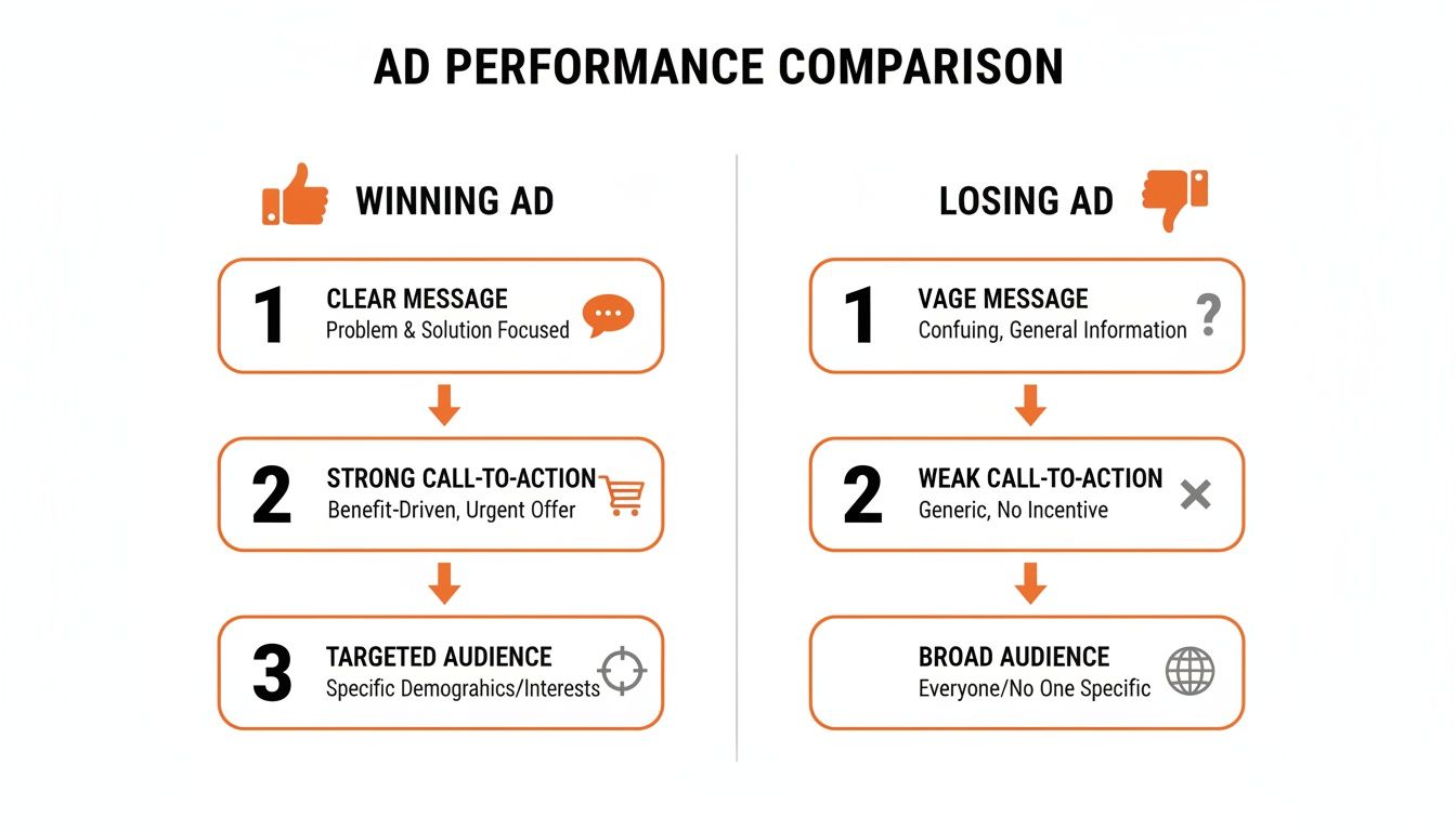 Visual comparison highlighting key differences between winning ads (clear message, strong CTA) and losing ads (vague message, weak CTA).