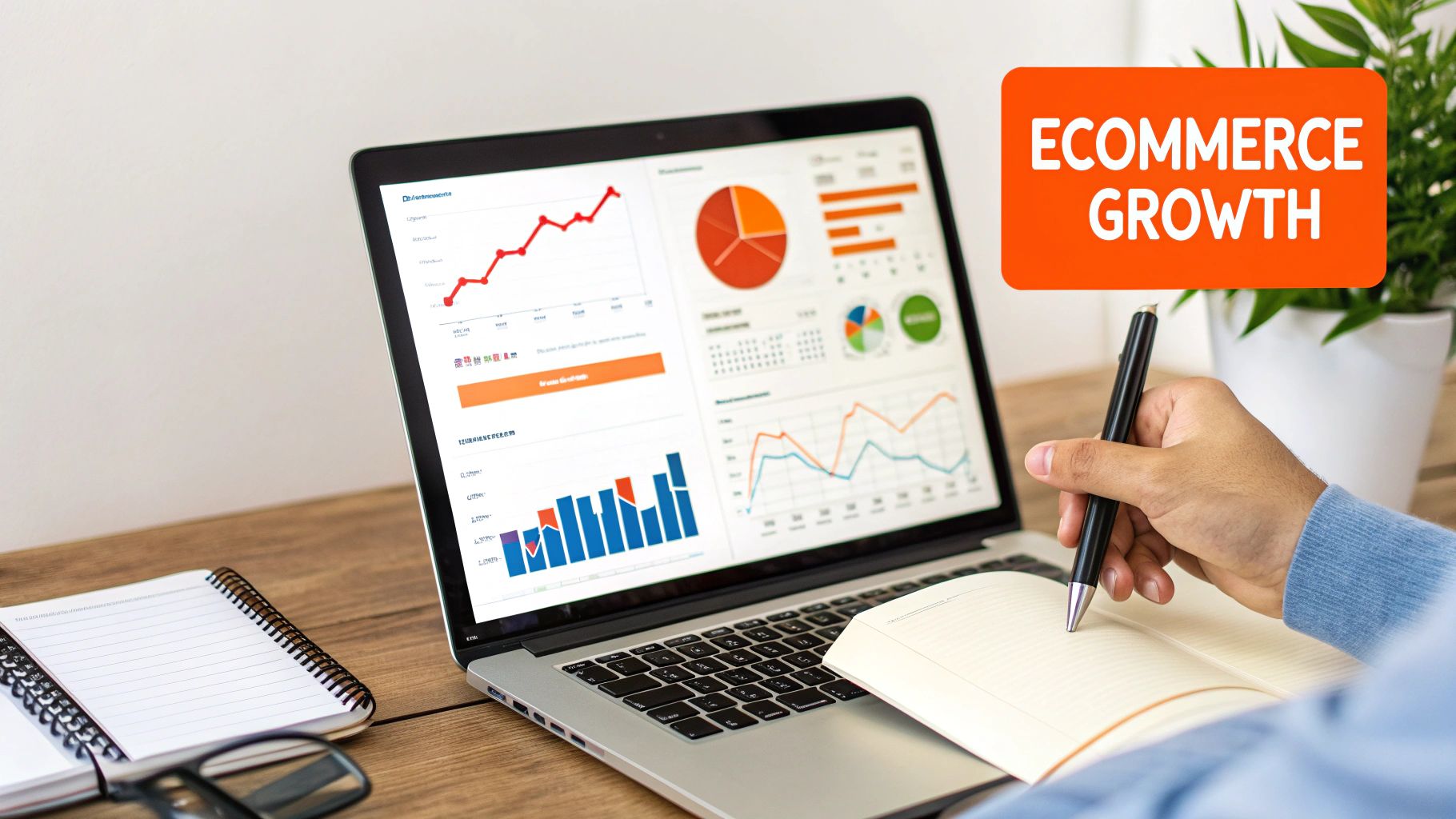 Person analyzing e-commerce growth data on a laptop with charts and graphs, taking notes.