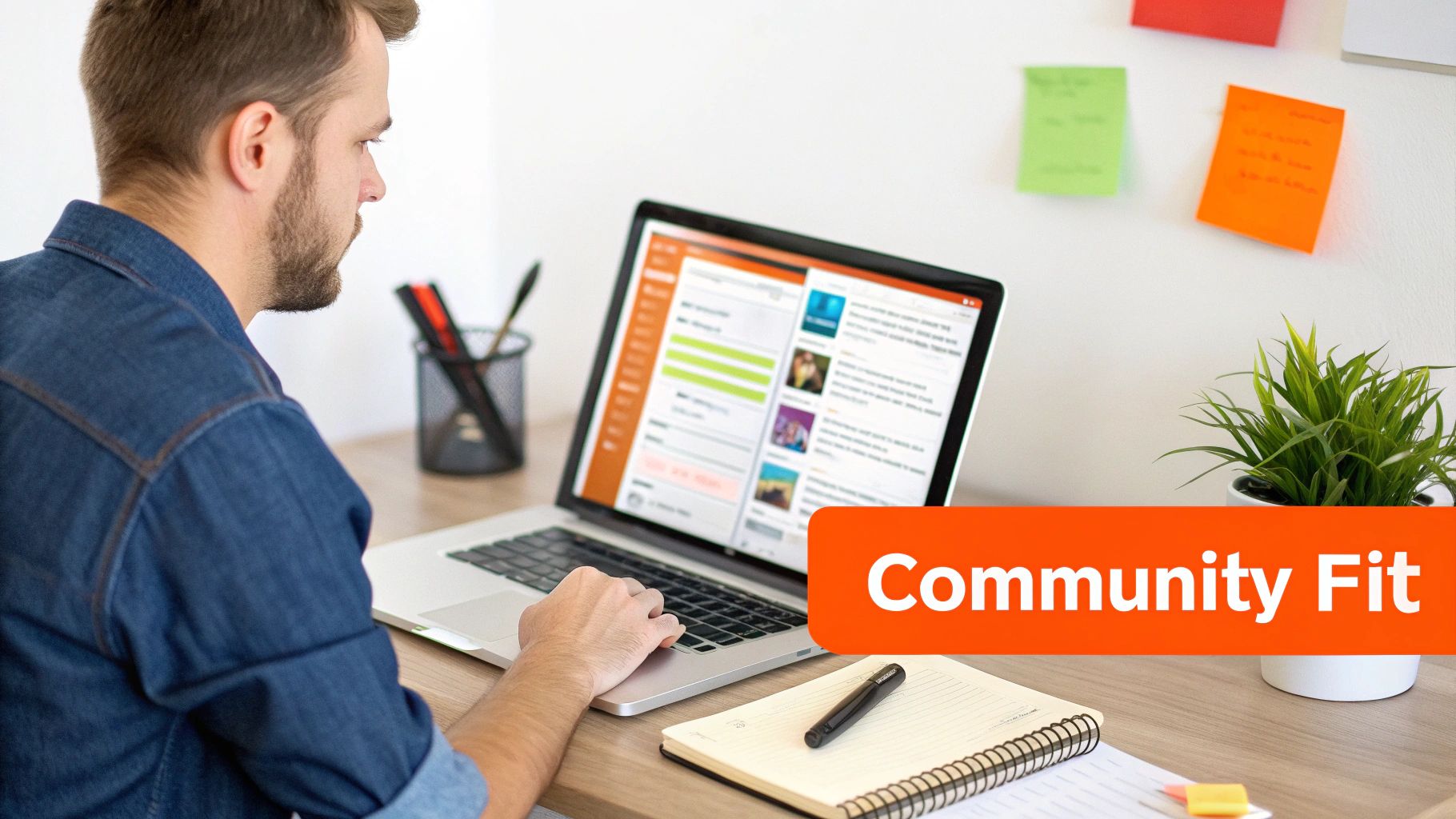 A man in a denim shirt works on his laptop, displaying a social media feed, with 'Community Fit' banner.
