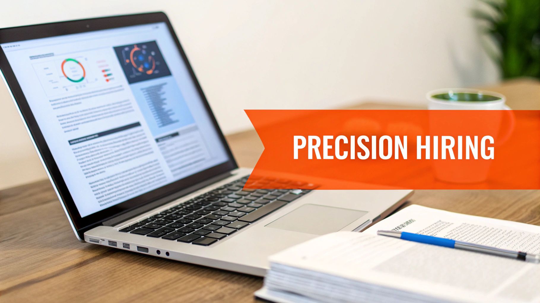 Laptop showing charts and data on a desk with a coffee mug and an open book, featuring a 'PRECISION HIRING' banner.
