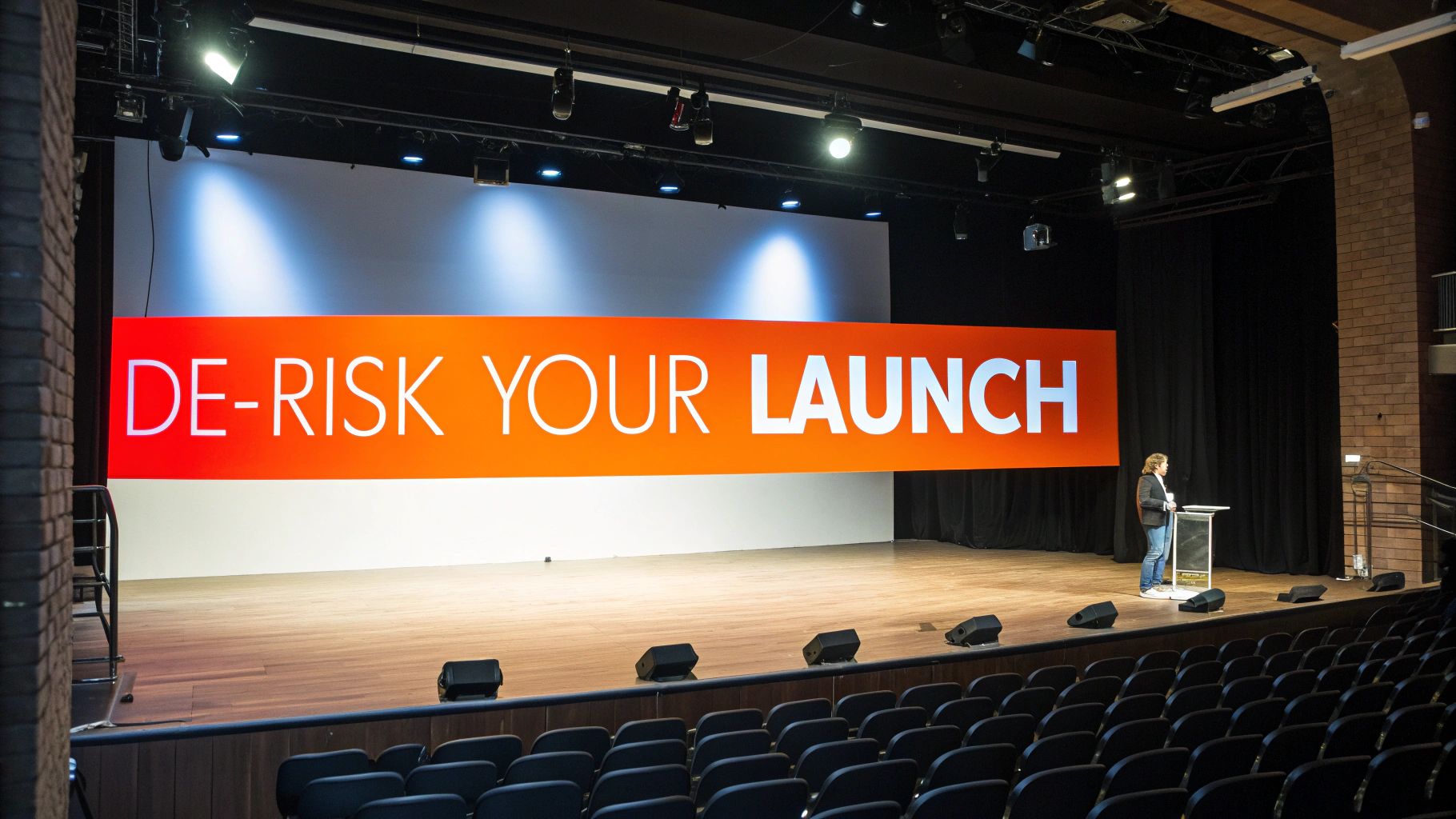 An empty auditorium with a stage displaying 'DE-RISK YOUR LAUNCH' and a speaker at a podium.