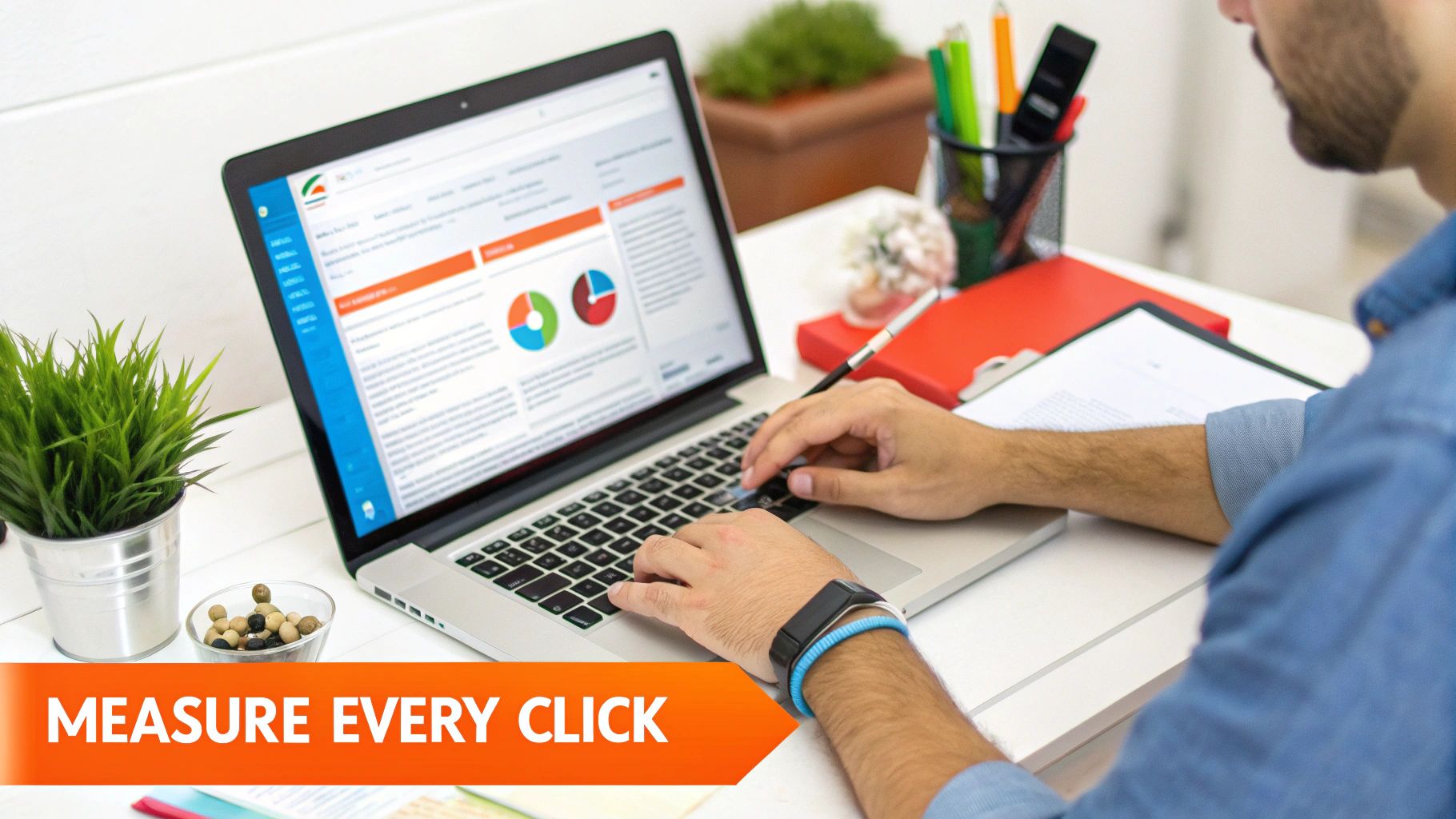 Person analyzing digital marketing performance on a laptop with charts, focusing on click measurement.