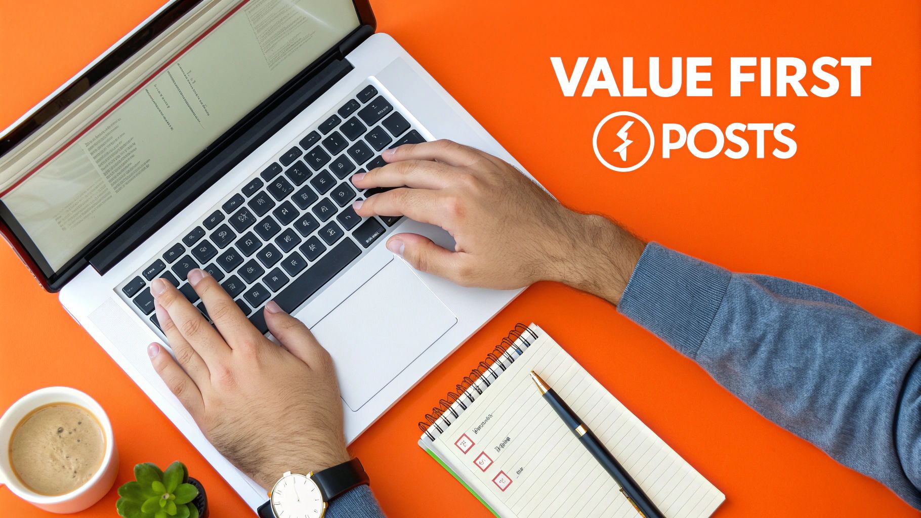 Person typing on a laptop on an orange desk, with coffee, plant, notebook, and "VALUE FIRST POSTS" text.