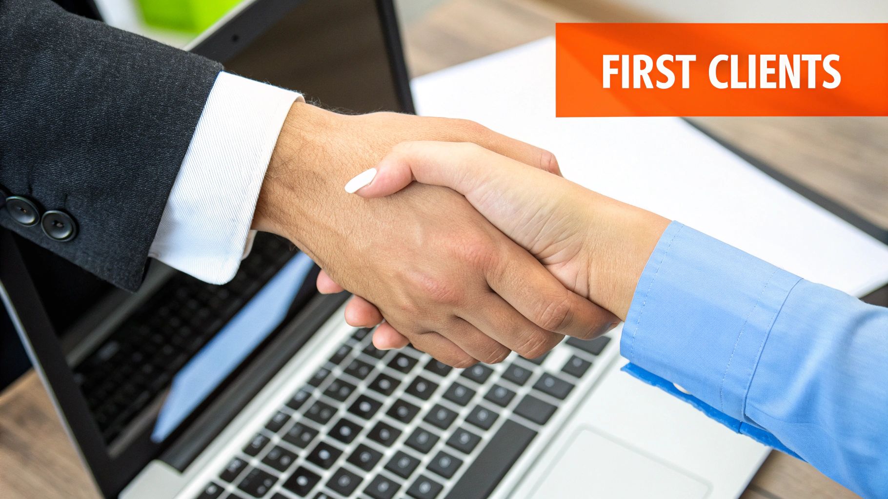 A group of professionals collaborating around a table, brainstorming client acquisition strategies for their new digital marketing agency.