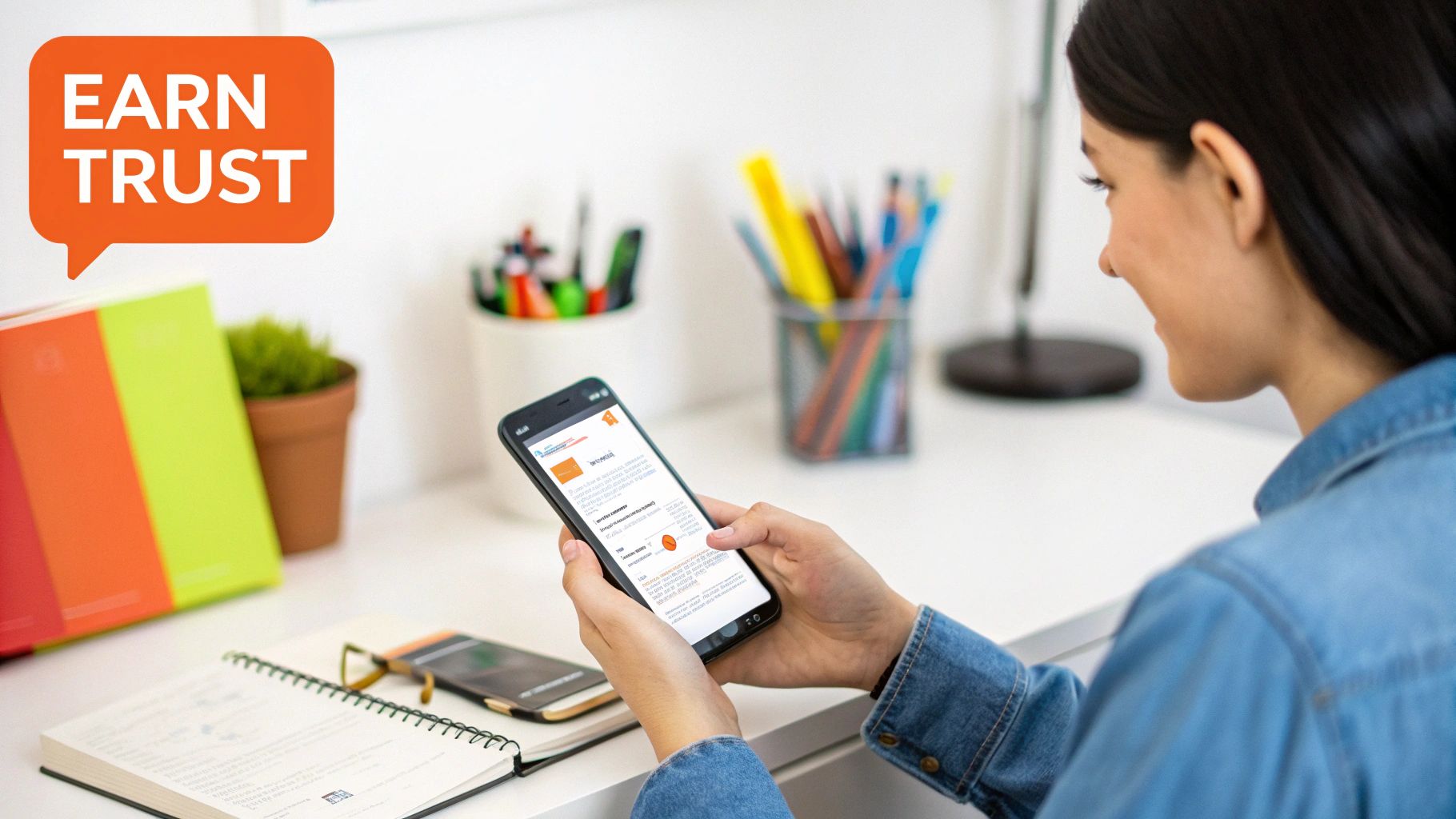 Smiling woman using a smartphone at a desk with notebooks, pens, and 'EARN TRUST' text.