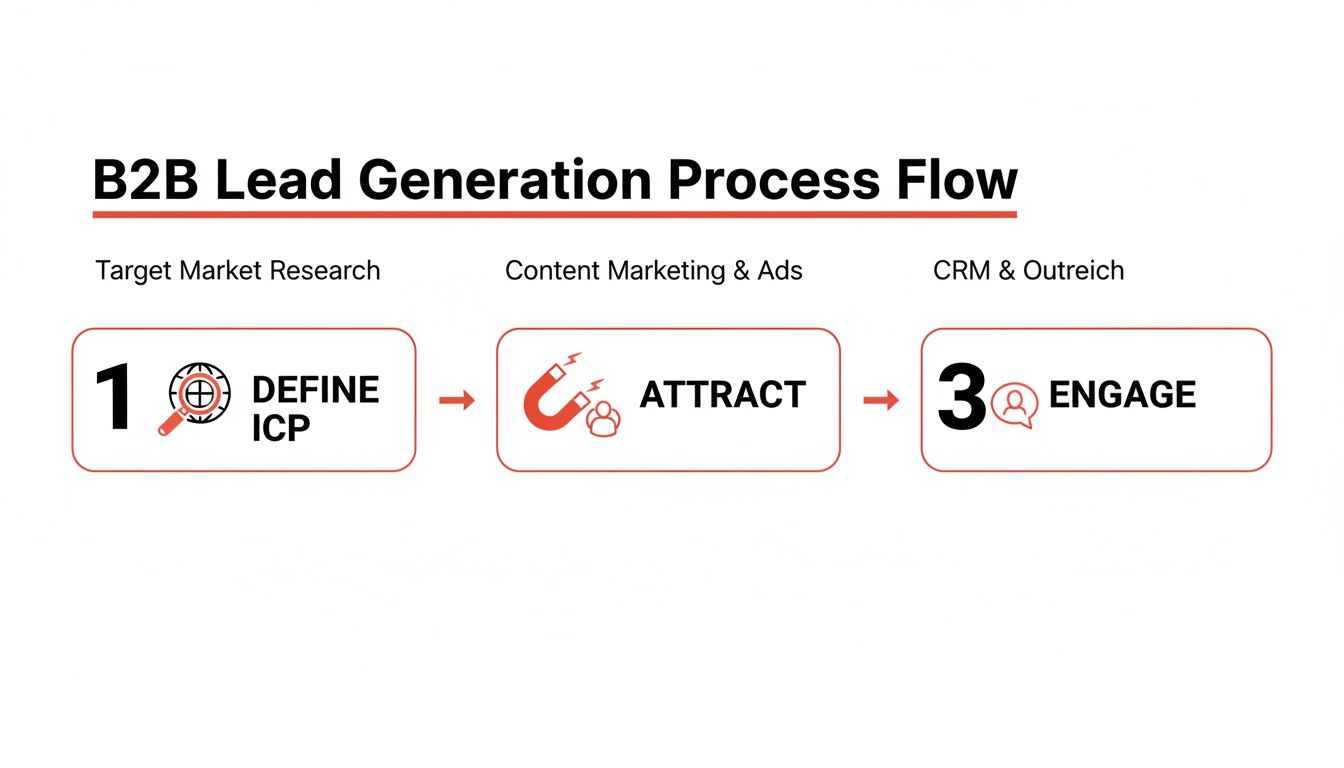 A B2B lead generation process flow diagram with steps: Define ICP, Attract, and Engage.