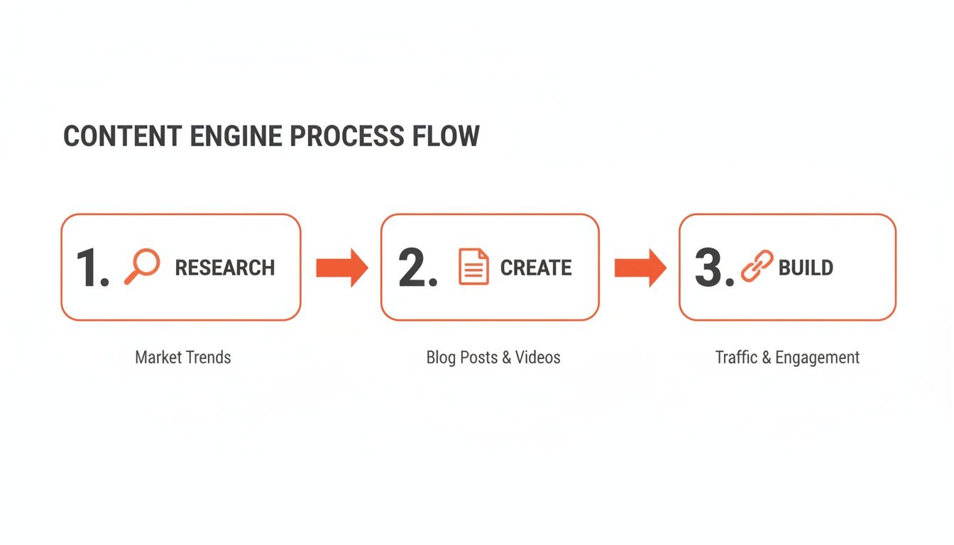 Content engine process flow with steps: 1. Research market trends, 2. Create blog posts and videos, 3. Build traffic and engagement.