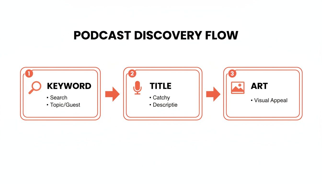 A flow chart illustrating the podcast discovery process steps: Keyword, Title, and Art, with key attributes.