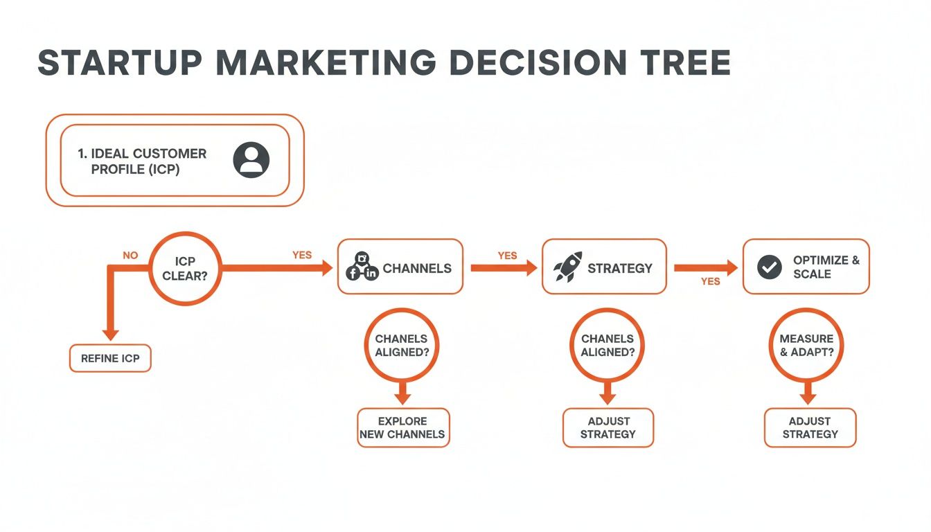 Flowchart illustrating a startup marketing decision tree, covering ICP, channels, strategy, optimization, and iterative adjustments.