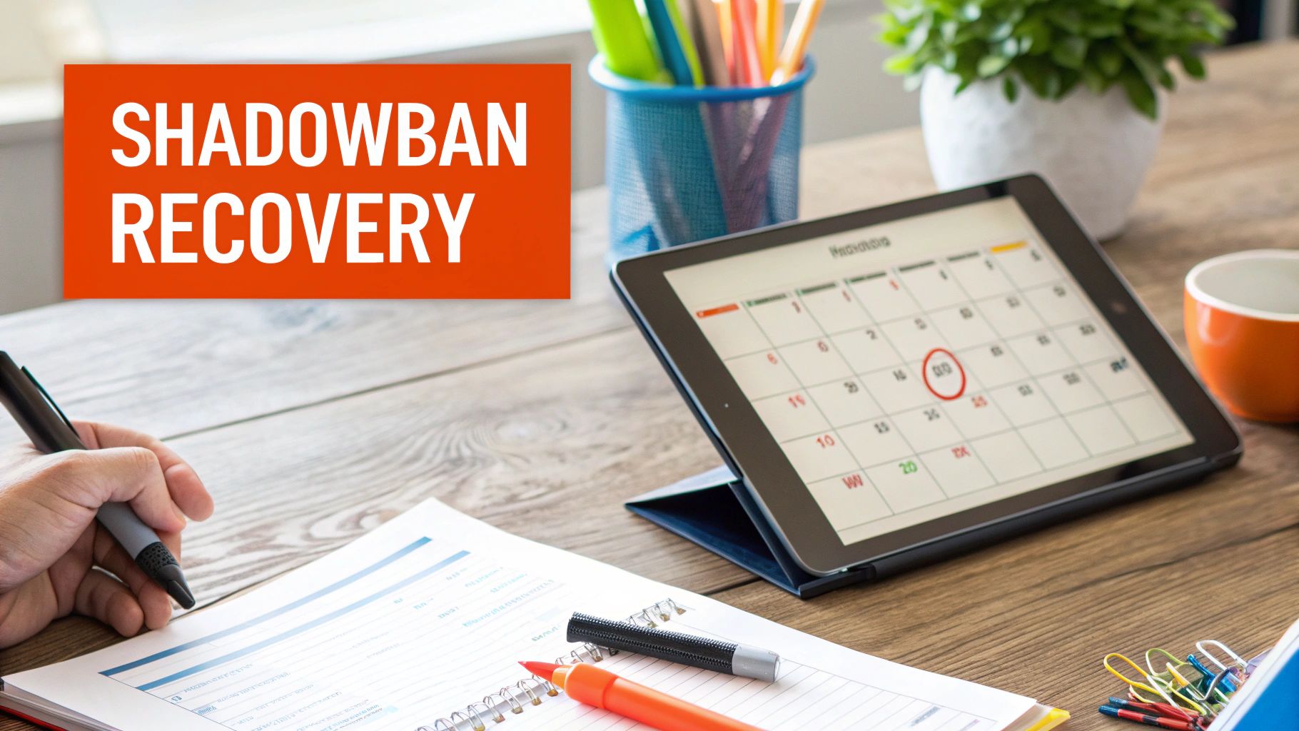 A person at a desk creating a plan, symbolizing the strategic steps to recover from a shadowban.