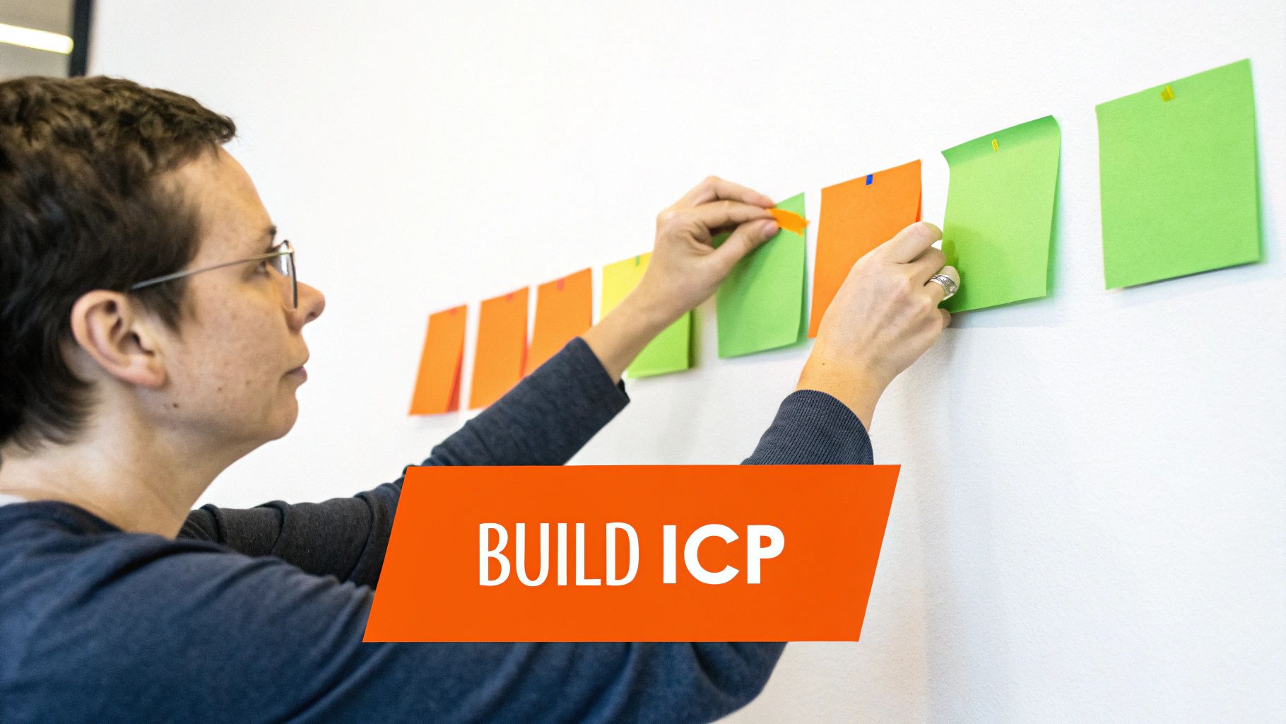 A person places colorful sticky notes on a white wall, suggesting a brainstorming or planning session.