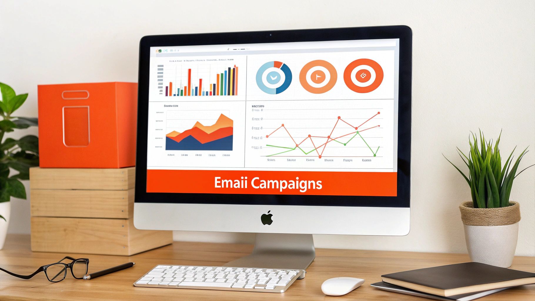 A team collaborating around a table with charts and laptops, planning a marketing strategy.