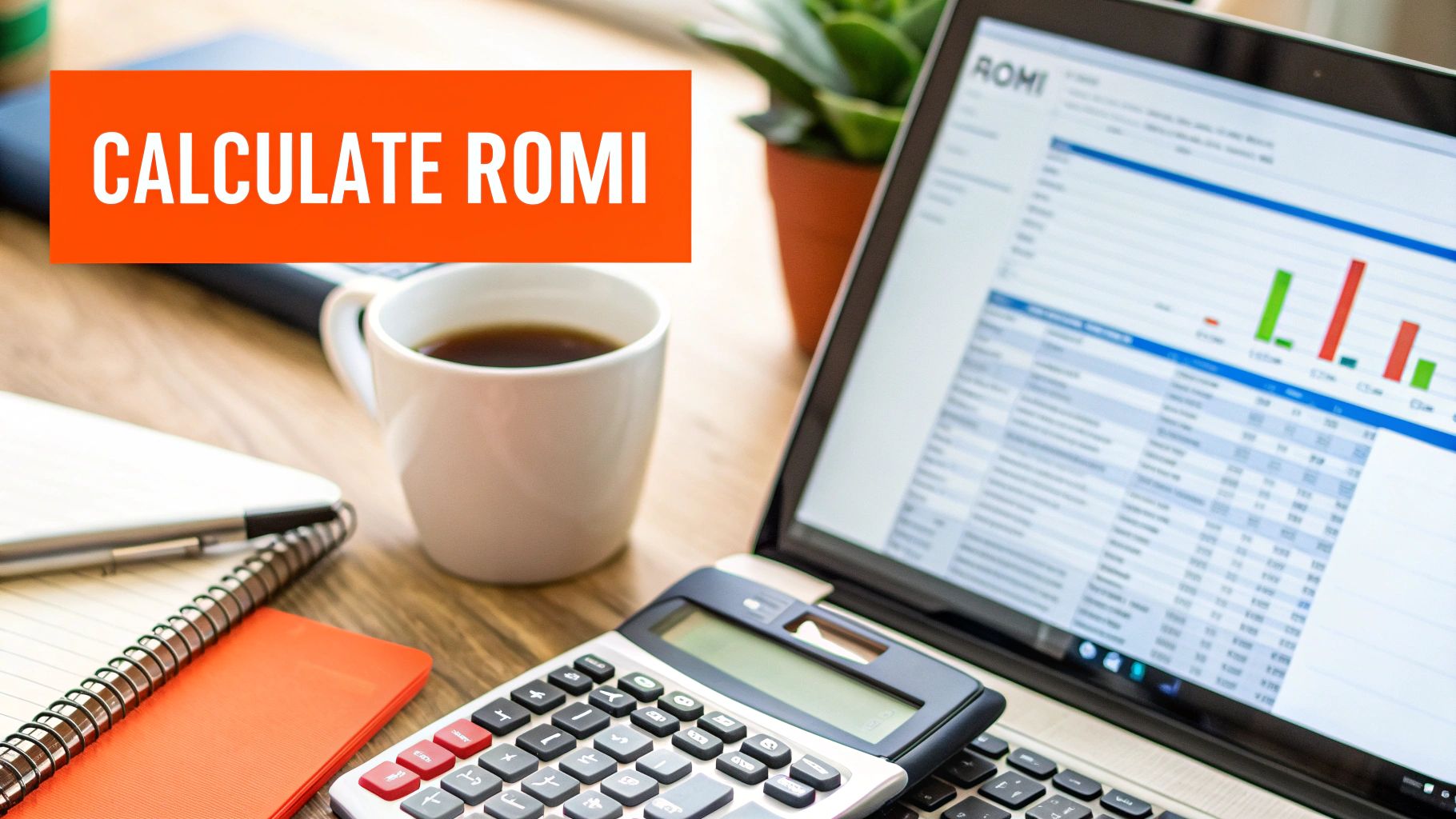 Workspace with laptop displaying ROMI data, calculator, coffee, and notebook for marketing analysis.