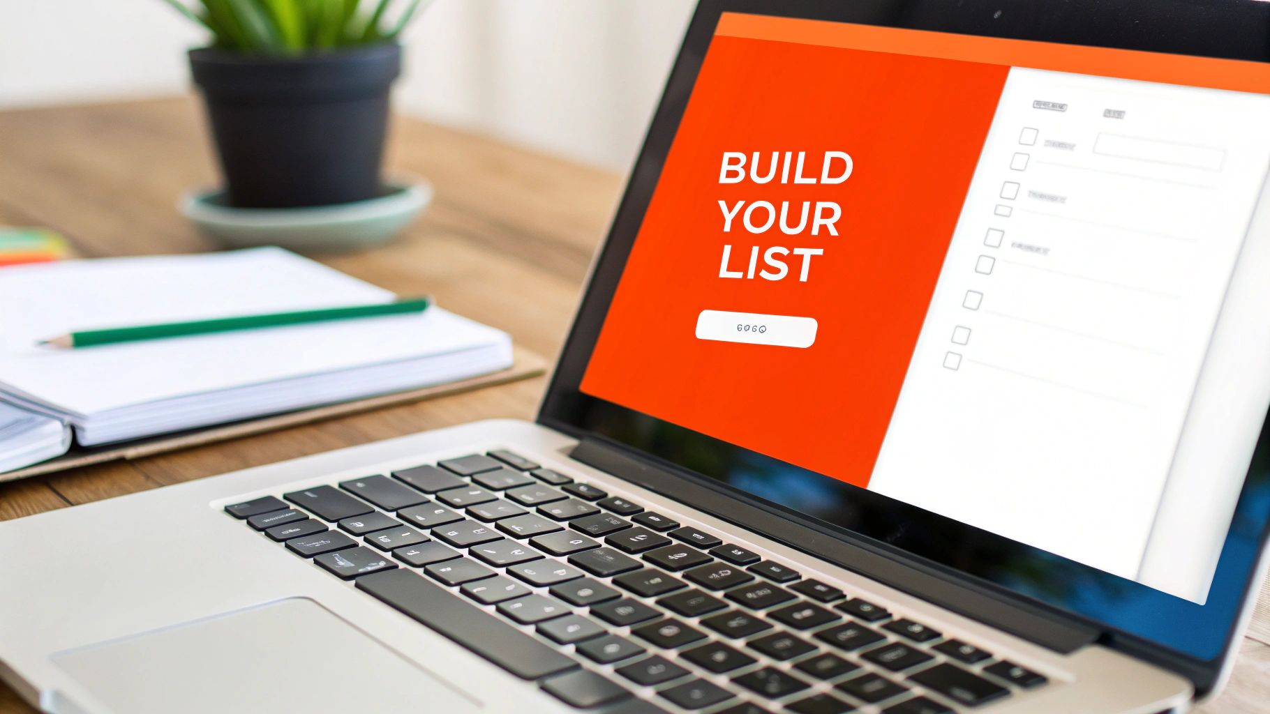 A person typing on a laptop, with email icons and lightbulbs floating around them, suggesting creative email composition.