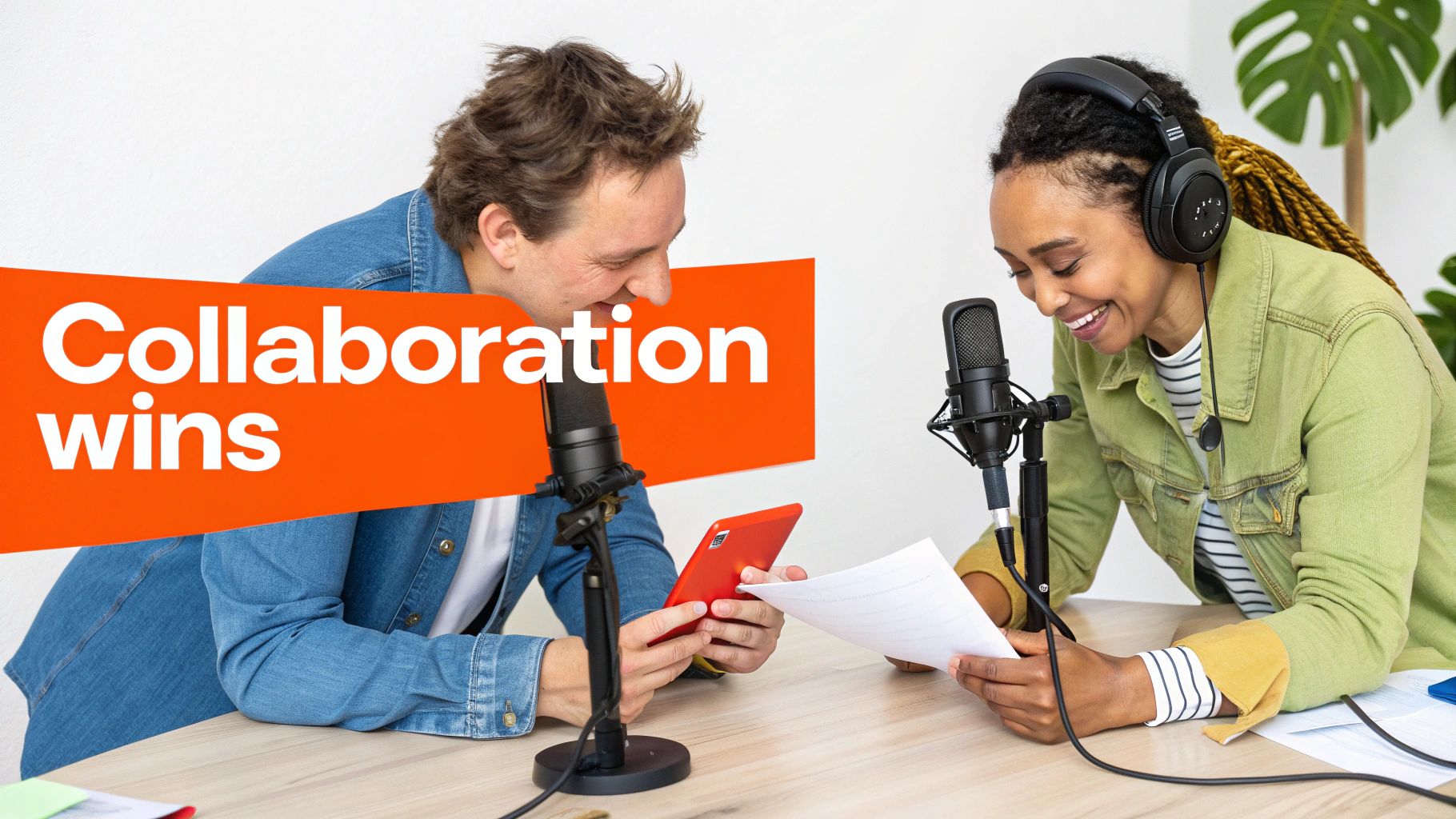 Two smiling people record a podcast at a table with microphones and a 'Collaboration wins' banner.