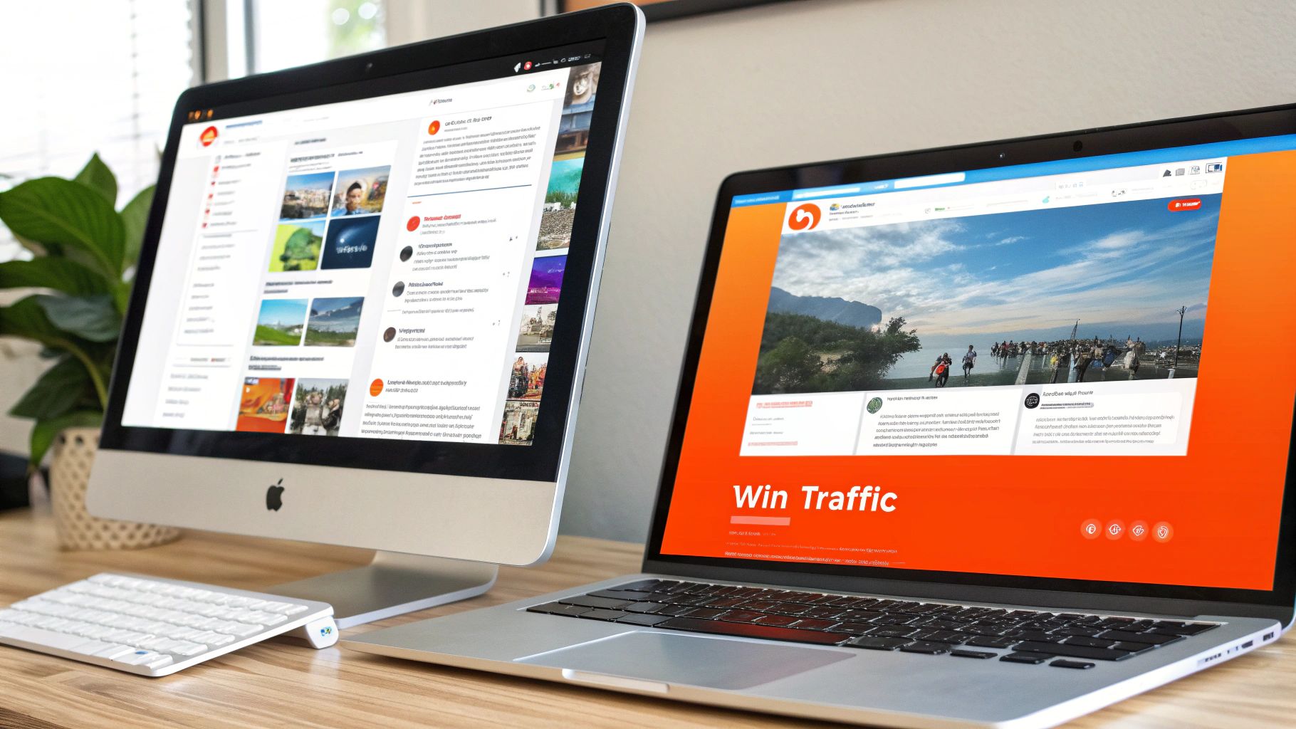 Two modern computers, an iMac and a laptop, showcasing web design and online content on a wooden desk.