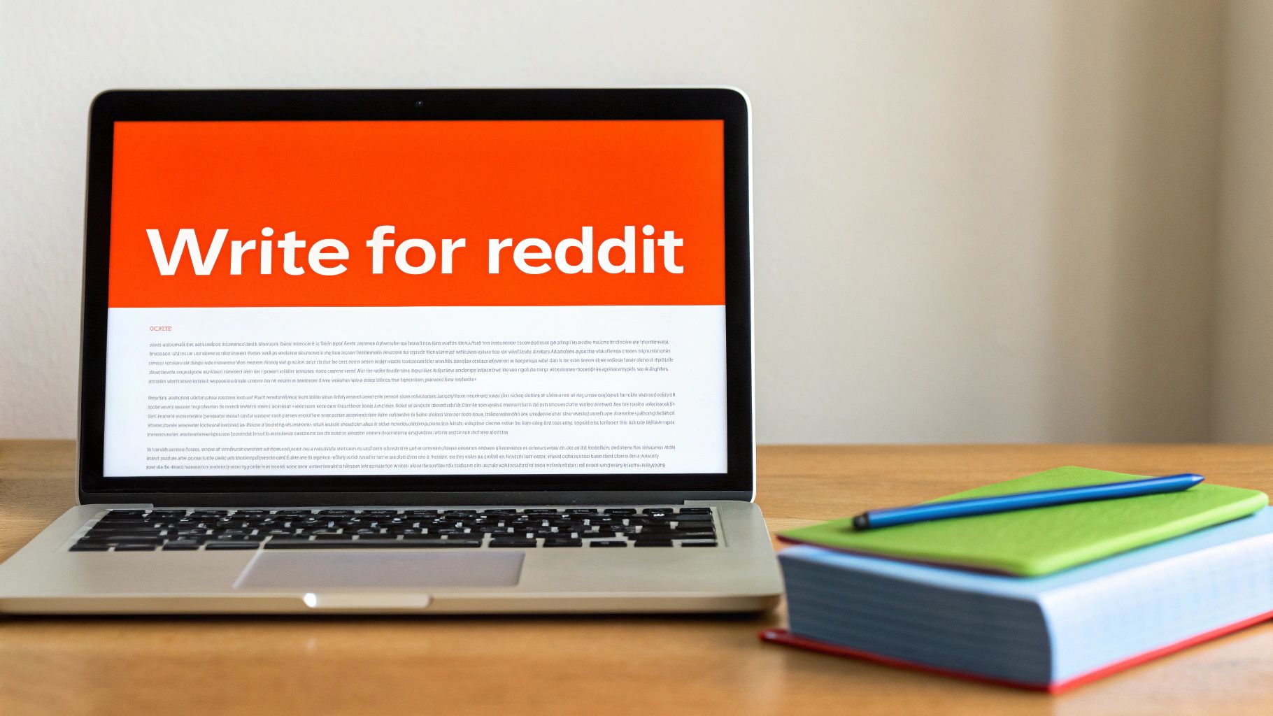 A laptop displaying 'Write for reddit' on a wooden desk with notebooks and a pen.