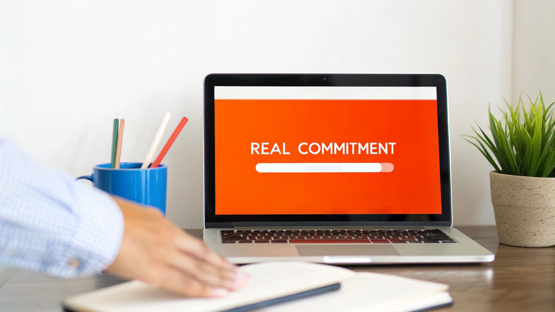 A person's hand reaches for a laptop displaying 'REAL COMMITMENT' and a progress bar on a desk.