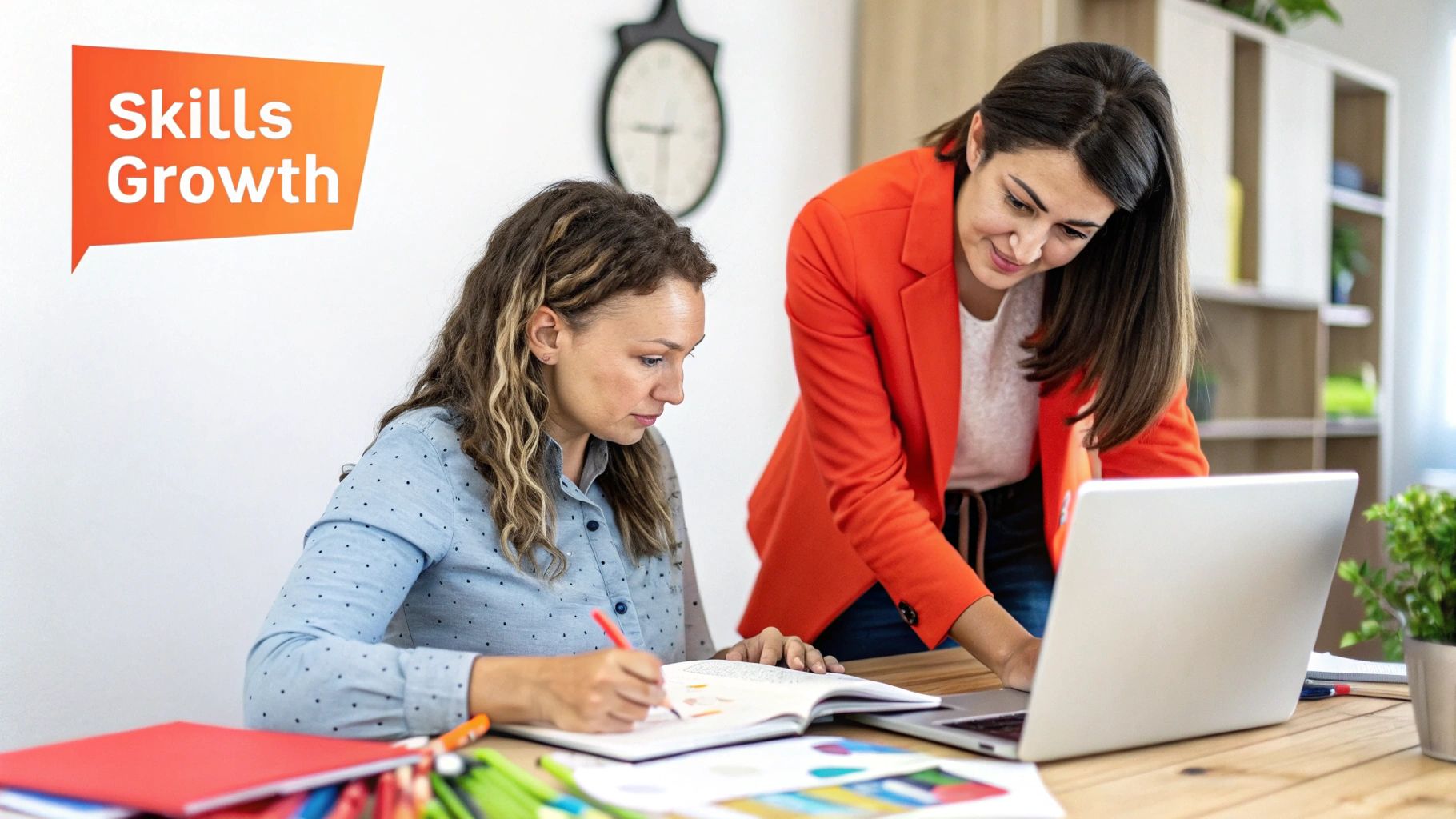 A manager and an employee looking at a laptop, discussing a development plan.