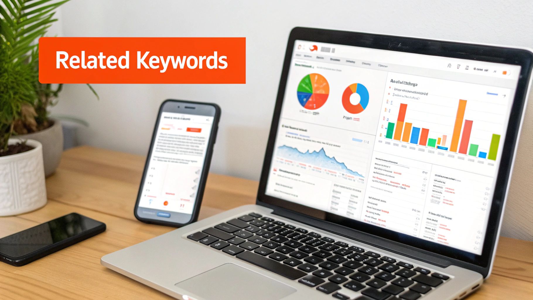 Laptop displaying SEO analytics and mobile phone on a desk, with an overlay text 'Related Keywords'.