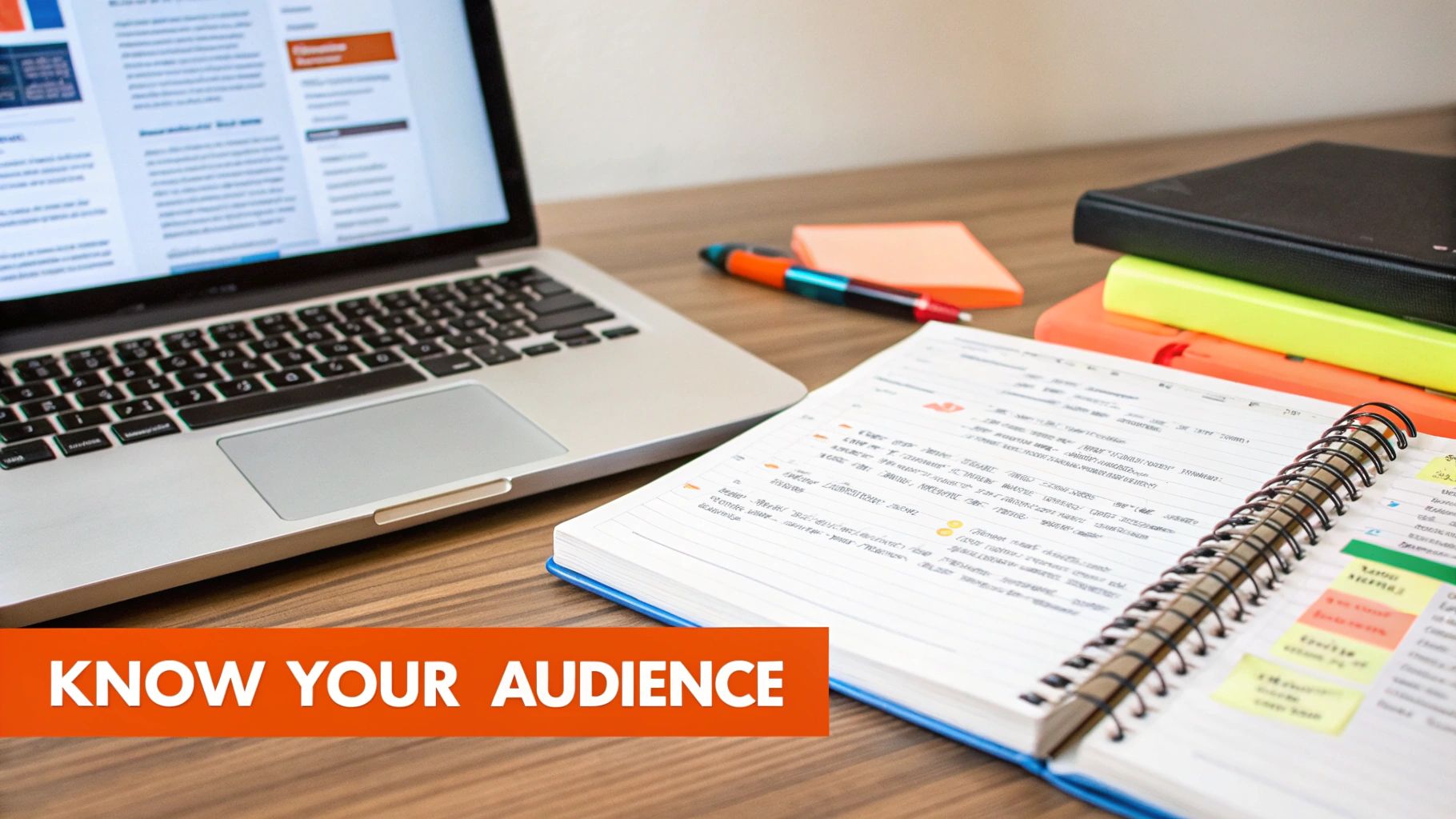 A productivity workspace featuring a laptop, open spiral notebook, pen, and stacked books on a wooden desk.