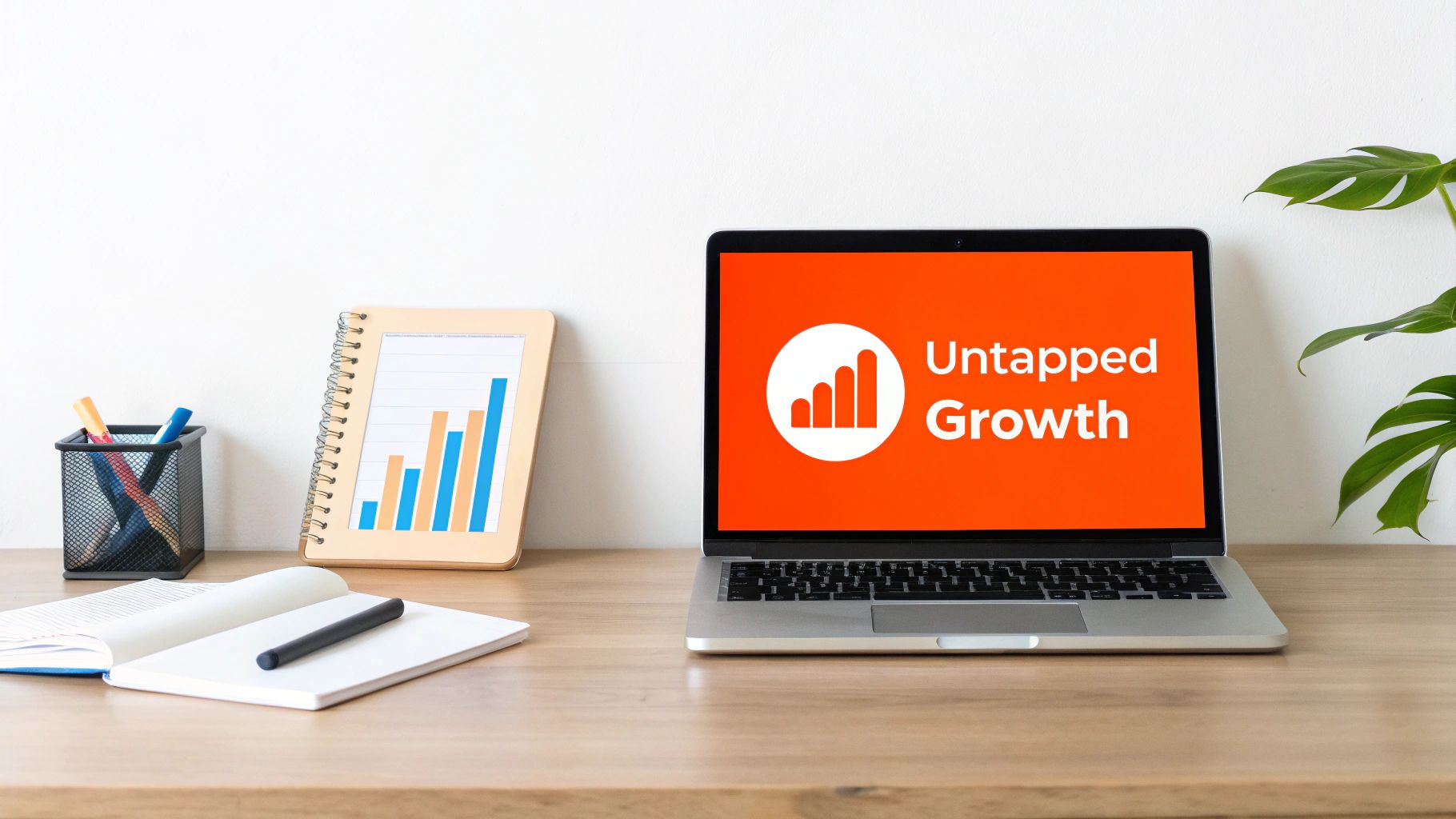 A laptop displaying 'Untapped Growth' on an orange screen, alongside a bar chart notebook on a wooden desk.