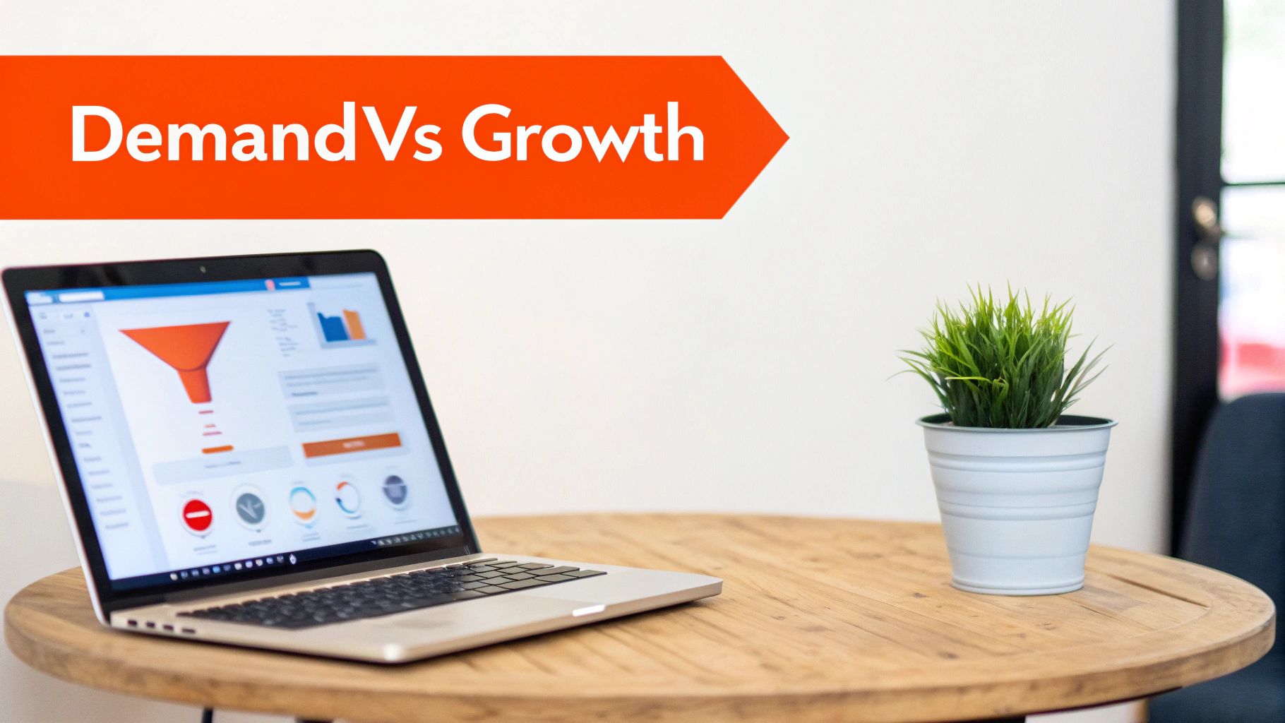 A laptop displaying marketing funnel data and charts, next to a plant, with a 'Demand Vs Growth' banner.