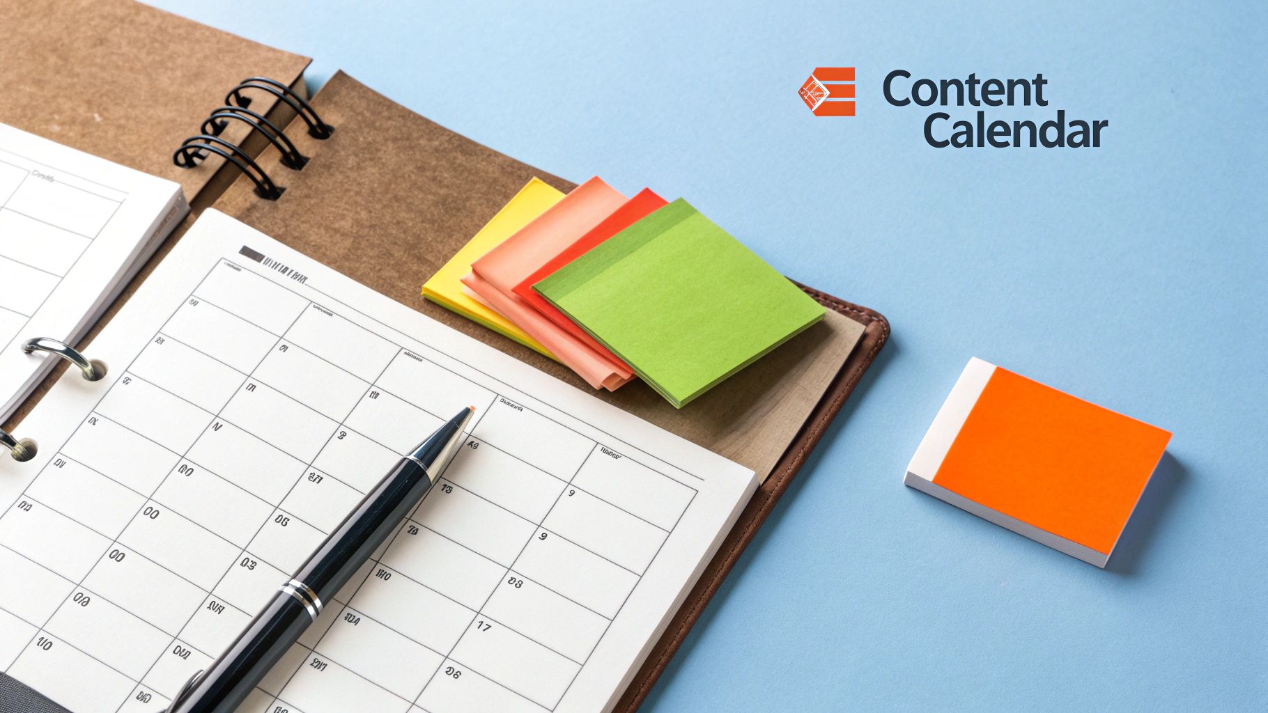 A person working on a content calendar on their laptop, with sticky notes on the wall behind them.