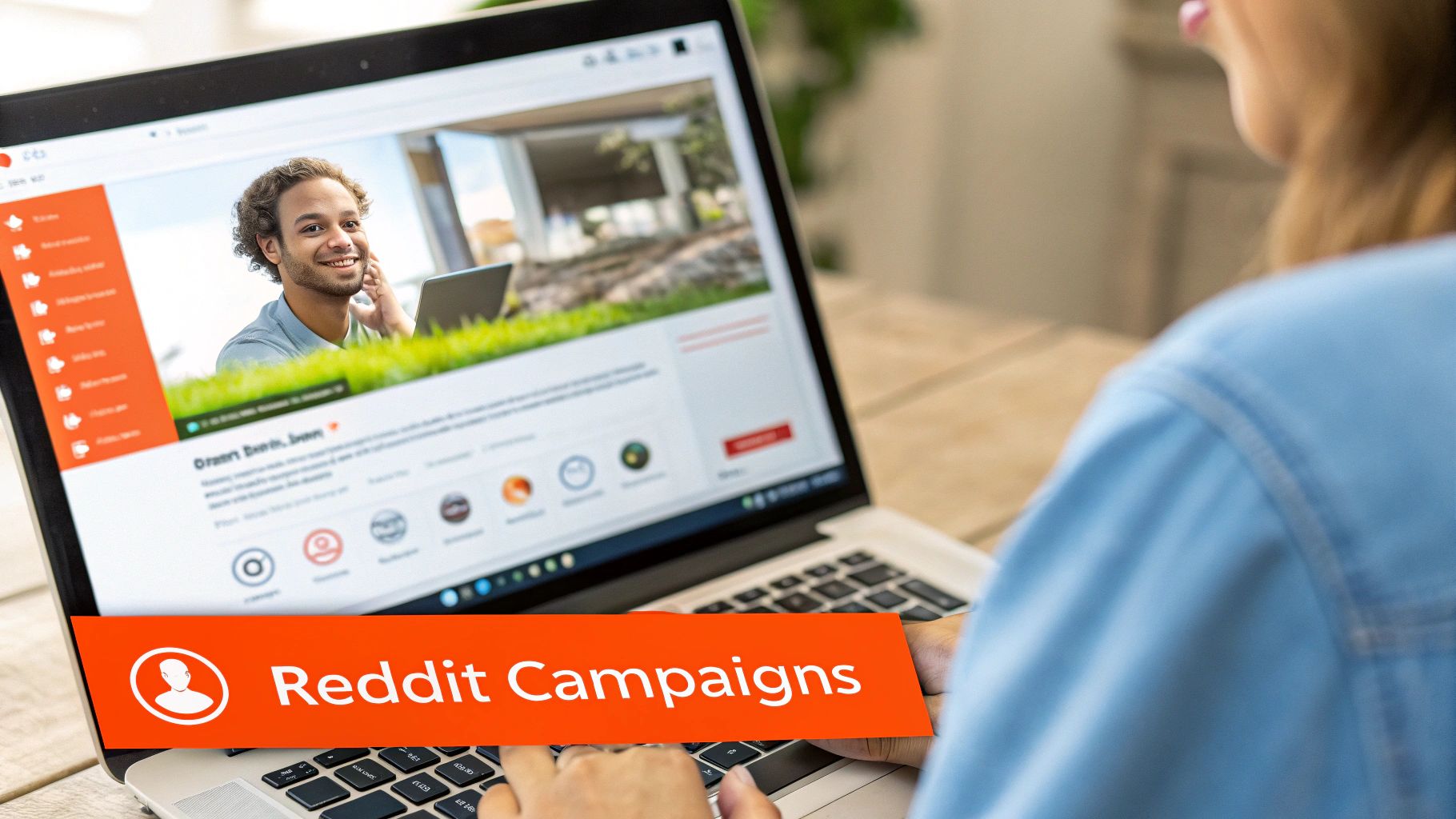 A person from behind interacting with a laptop, showing a screen with a smiling man and 'Reddit Campaigns' banner.