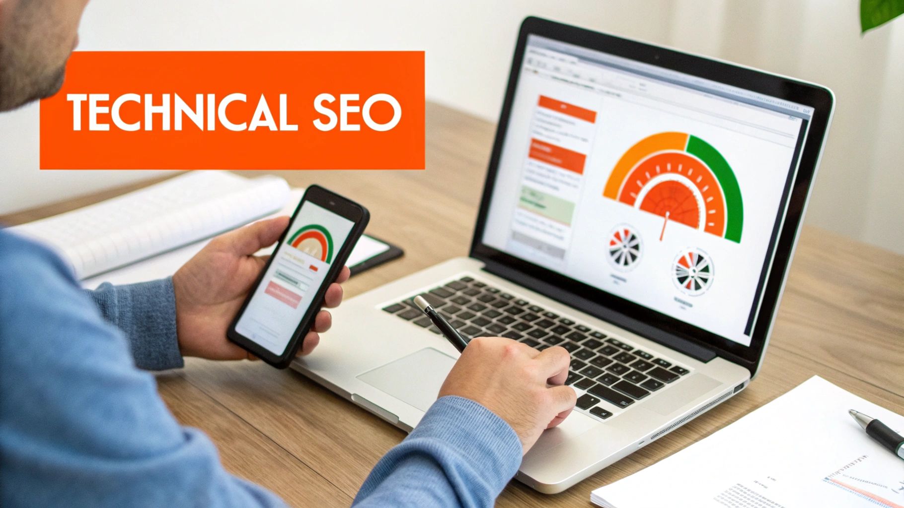 A person analyzing technical SEO performance on a laptop and smartphone with data dashboards.