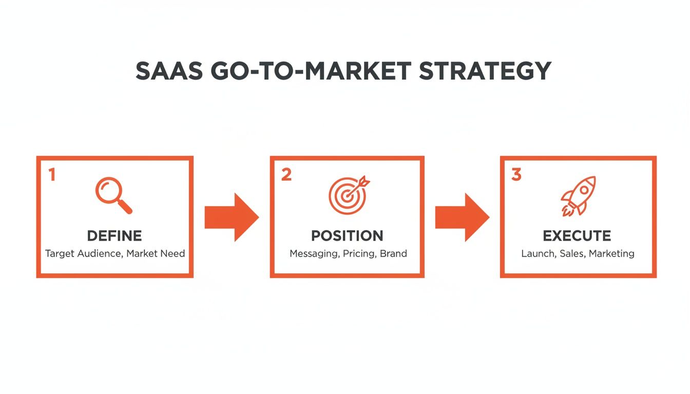 A visual representation of a SaaS go-to-market strategy with three distinct steps: define, position, execute.