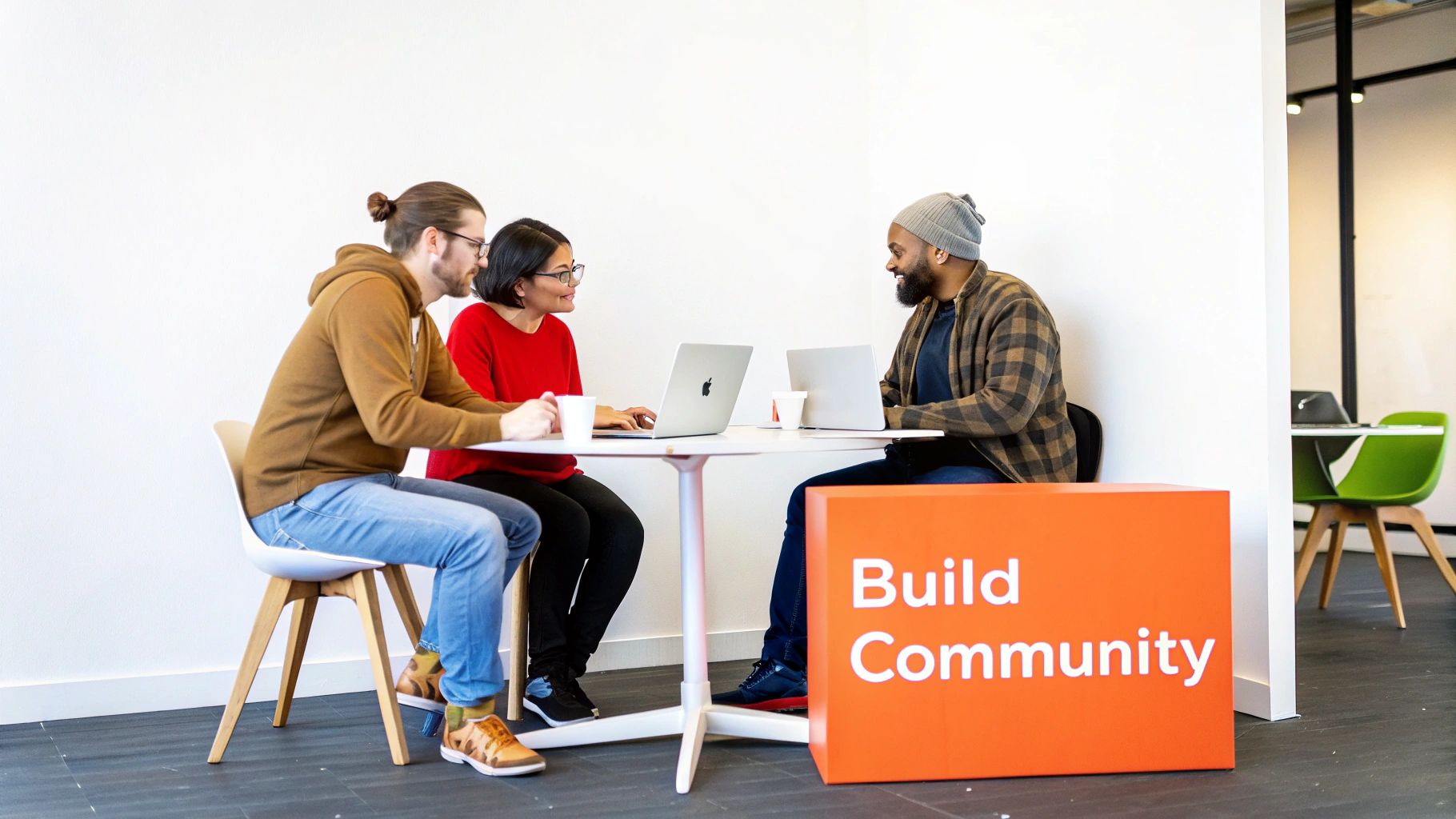 Three diverse colleagues collaborate at a table with laptops and coffee in a modern office, emphasizing community.